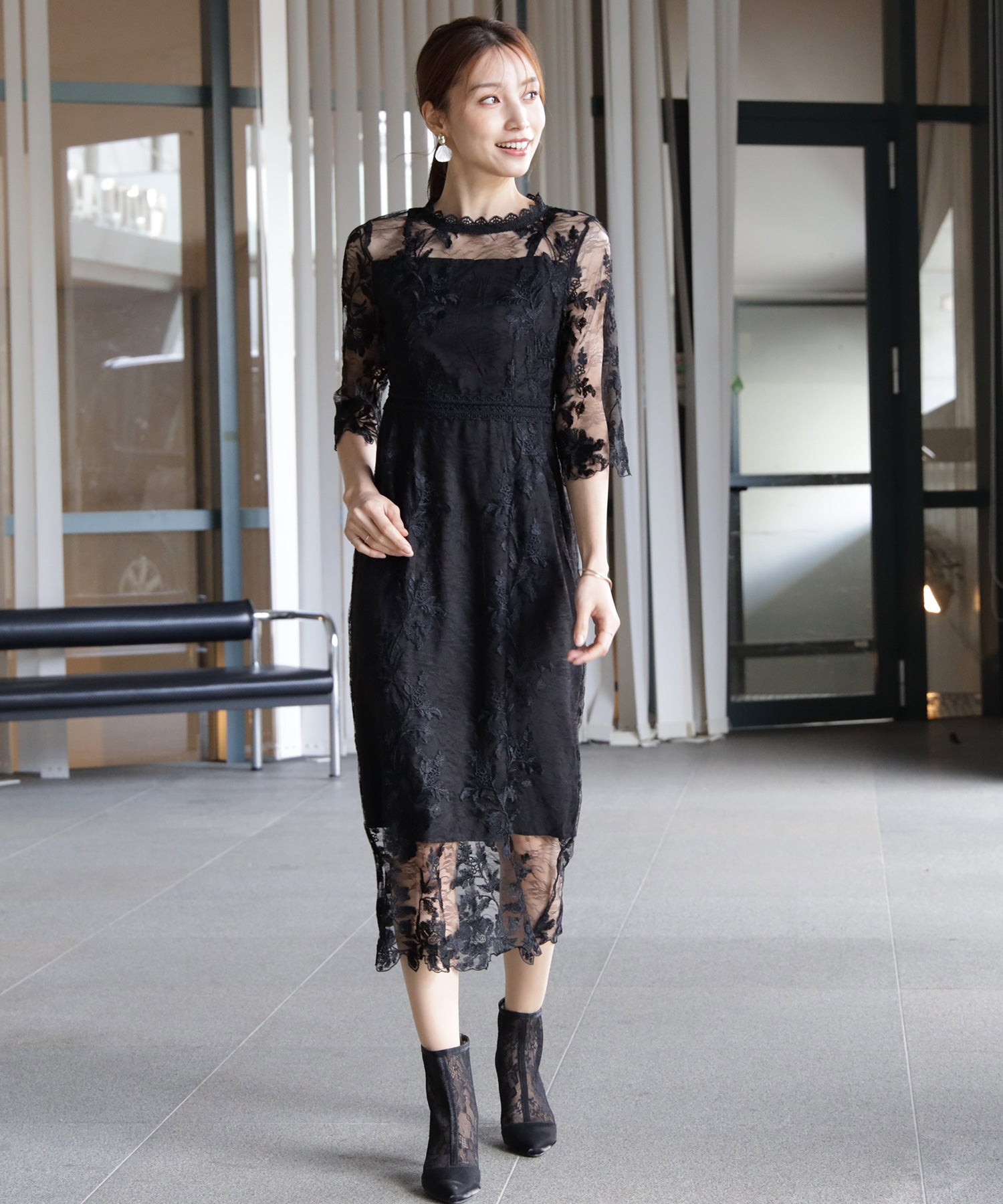 ワンピース ドレス 総レース ミモレ丈 結婚式dsm0113