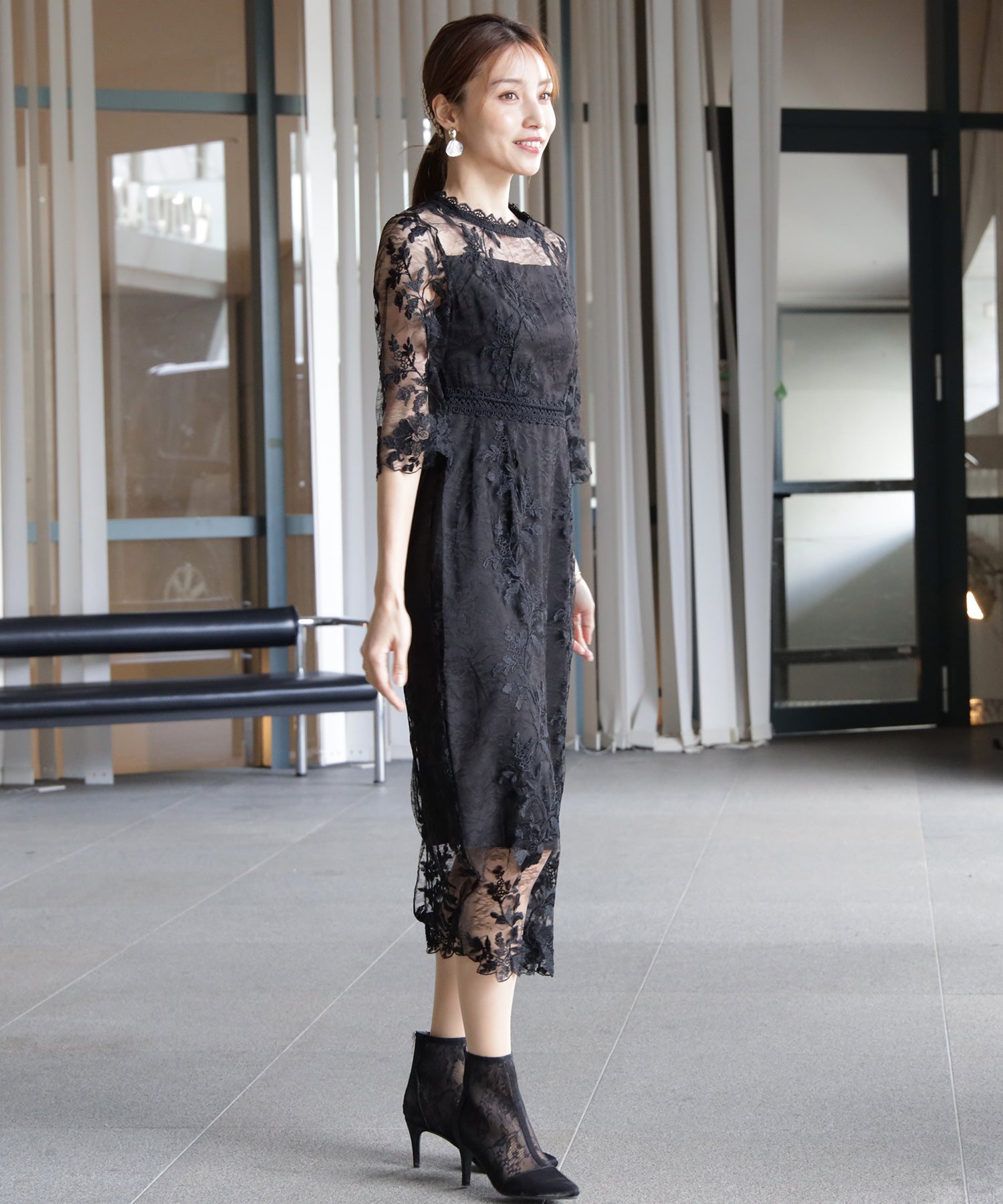 ワンピース ドレス 総レース ミモレ丈 結婚式dsm0113