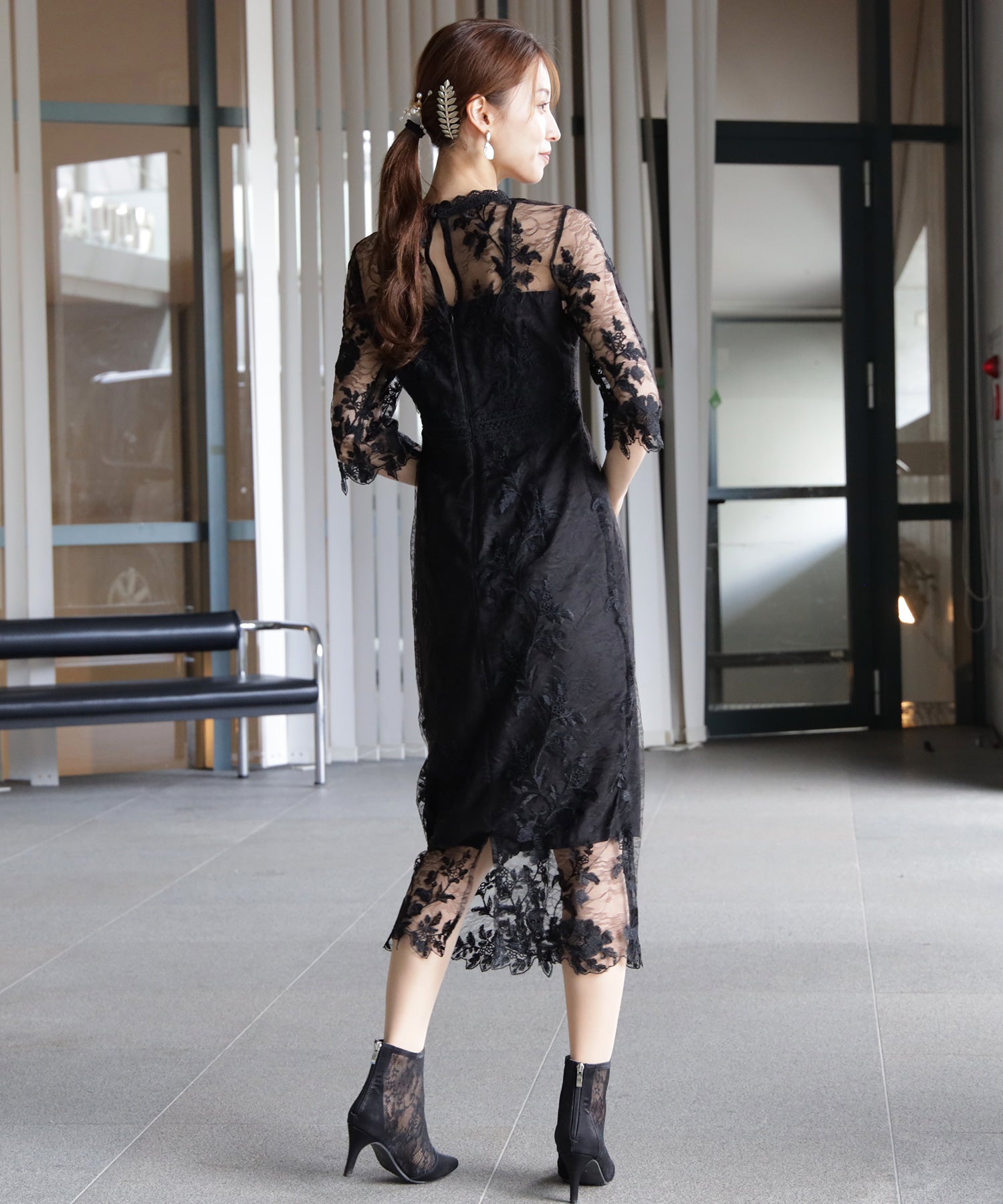 ワンピース ドレス 総レース ミモレ丈 結婚式dsm0113