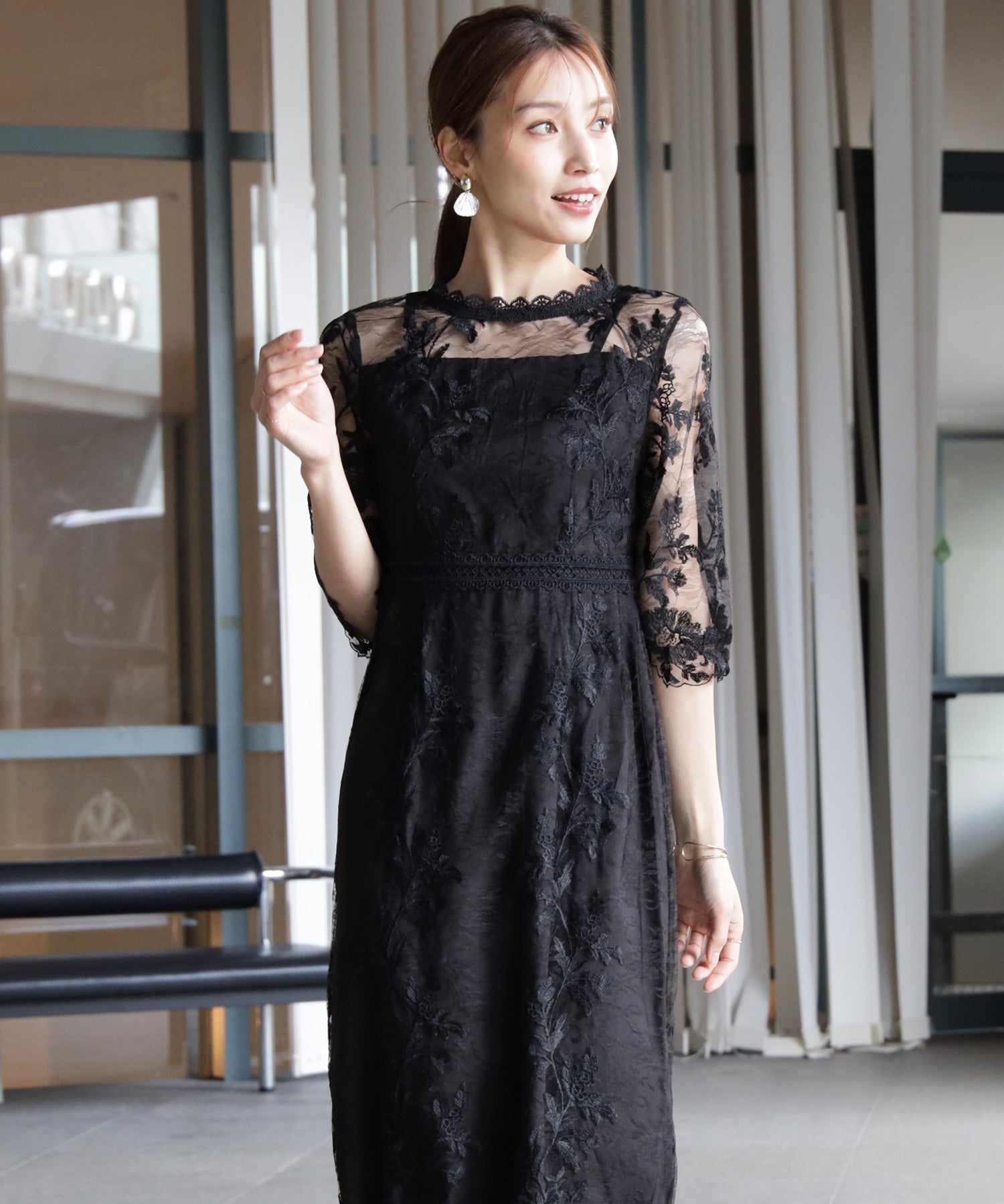 ワンピース ドレス 総レース ミモレ丈 結婚式dsm0113