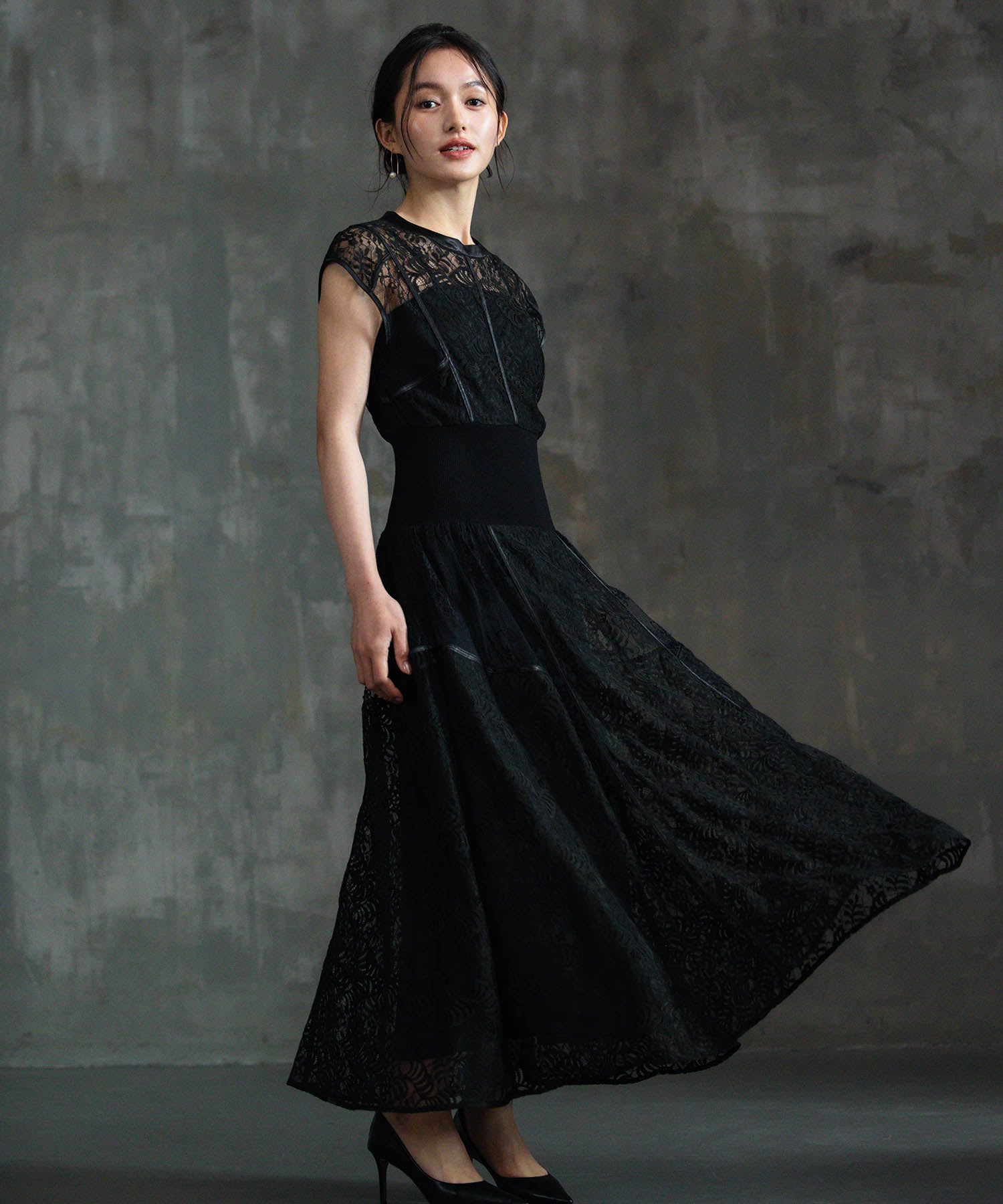 ドレス 切り替えレースワンピース 総レース 結婚式dsm0138 ブラック