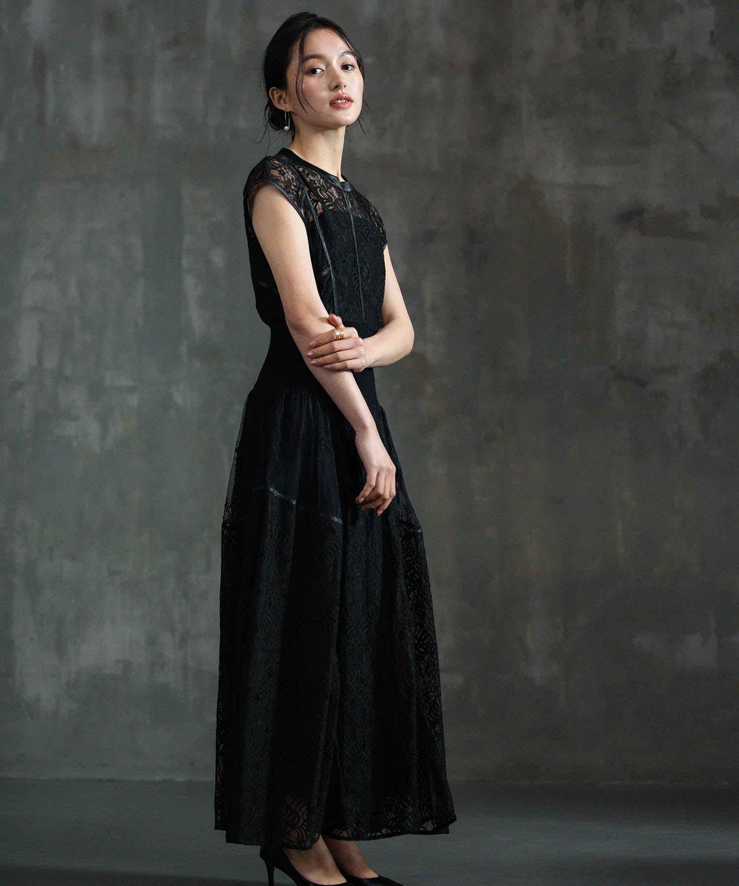 ドレス 切り替えレースワンピース 総レース 結婚式dsm0138 ブラック