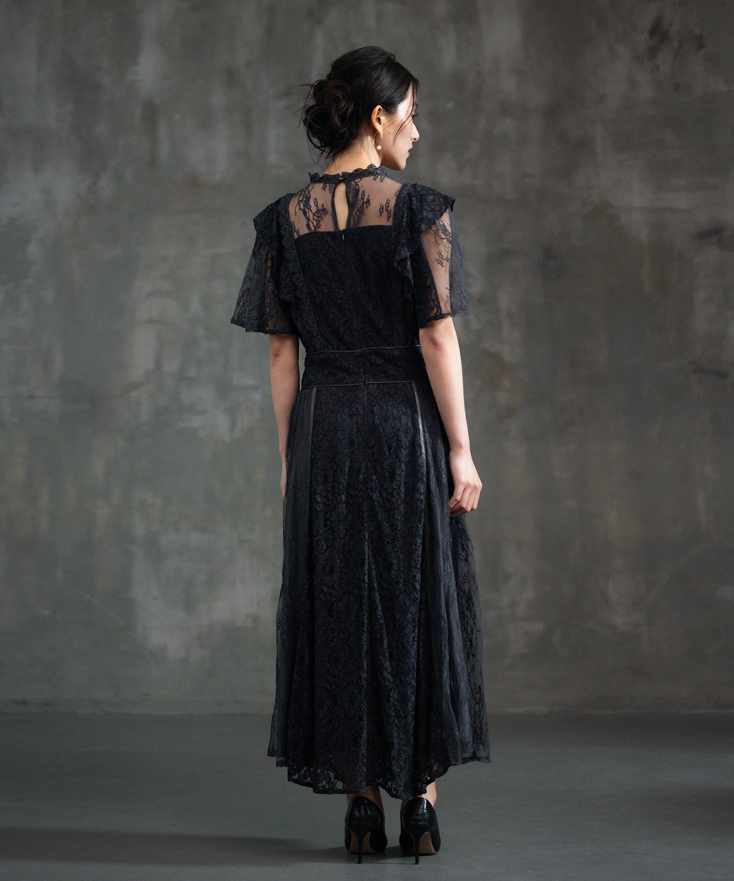 レースワンピース ロングフレアワンピース 総レースdsm0139 チャコールグレー