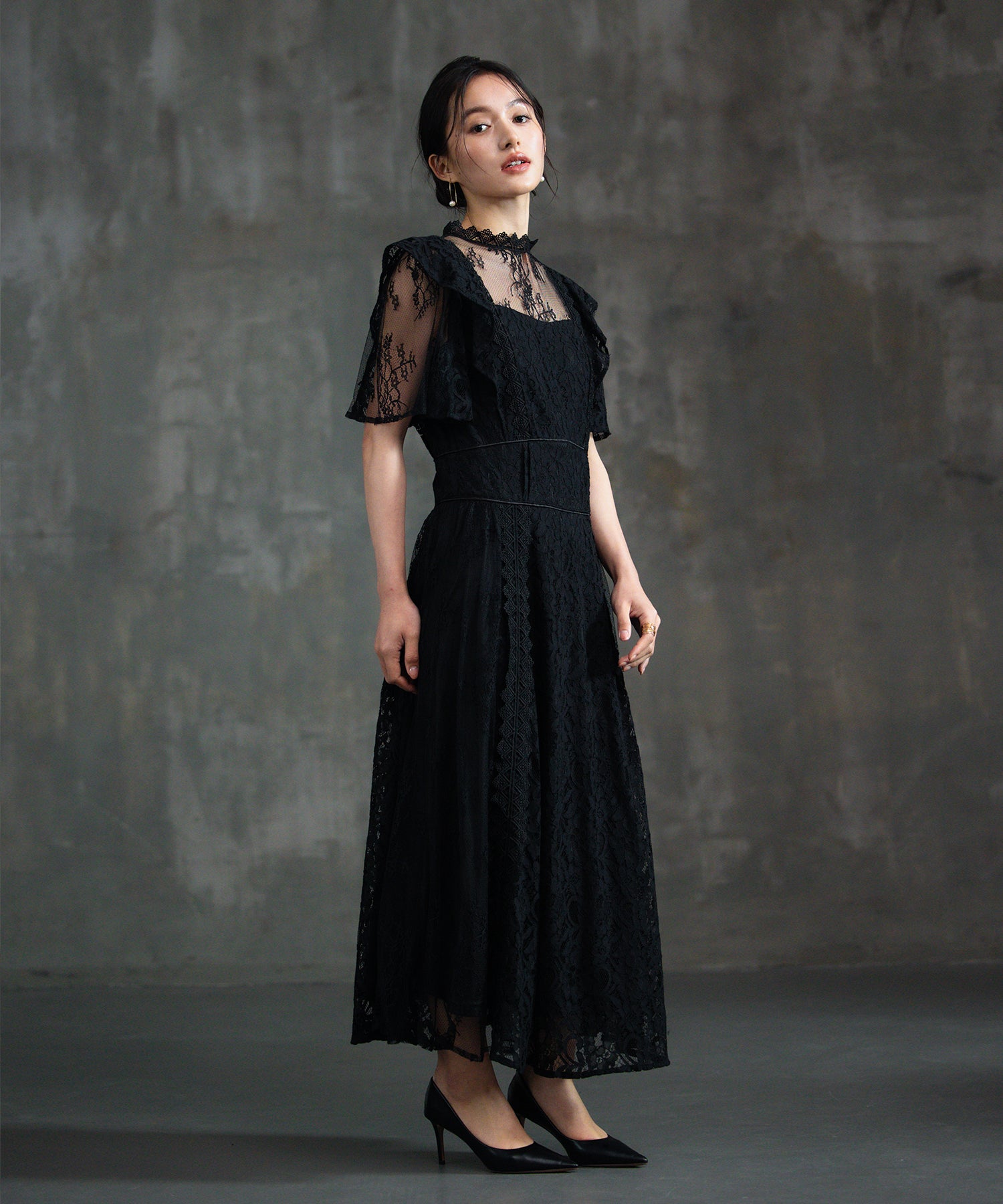 レースワンピース ロングフレアワンピース 総レースdsm0139 ブラック