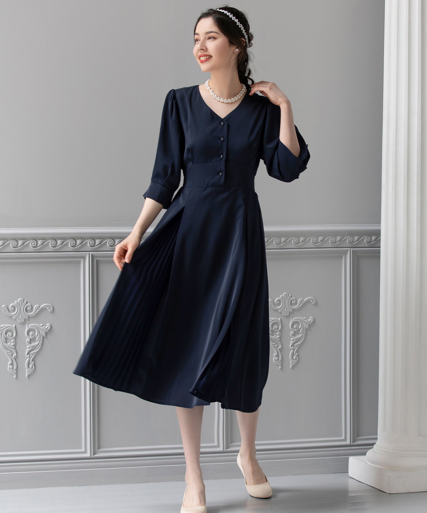 ワンピース 袖付き 披露宴 結婚式 オフィス パーティードレスdsn0052