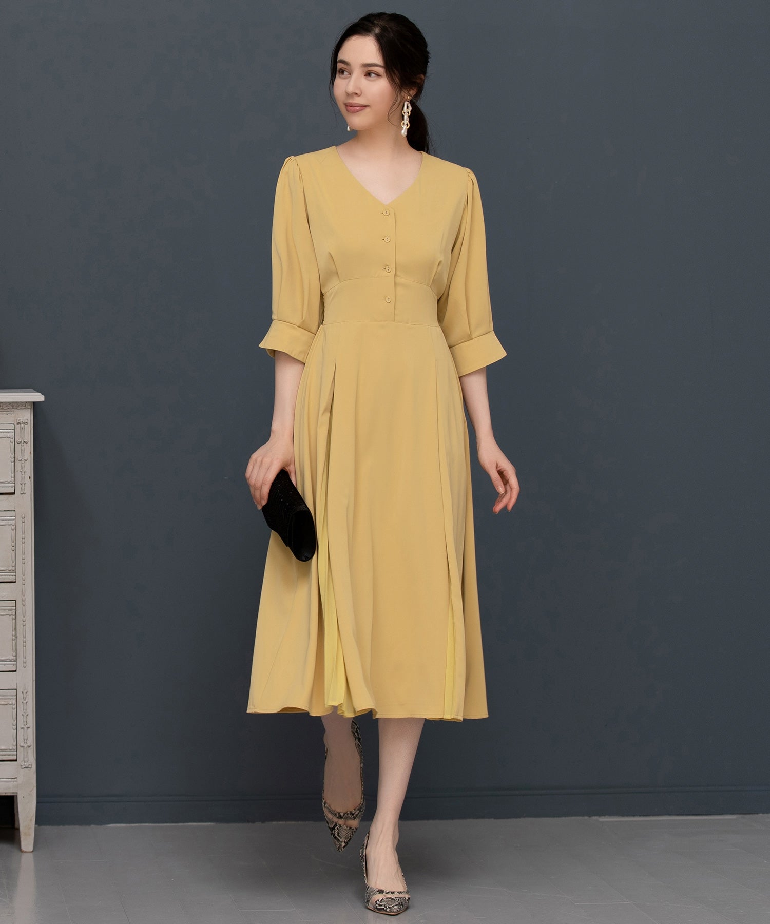 ワンピース 袖付き 披露宴 結婚式 オフィス パーティードレスdsn0052
