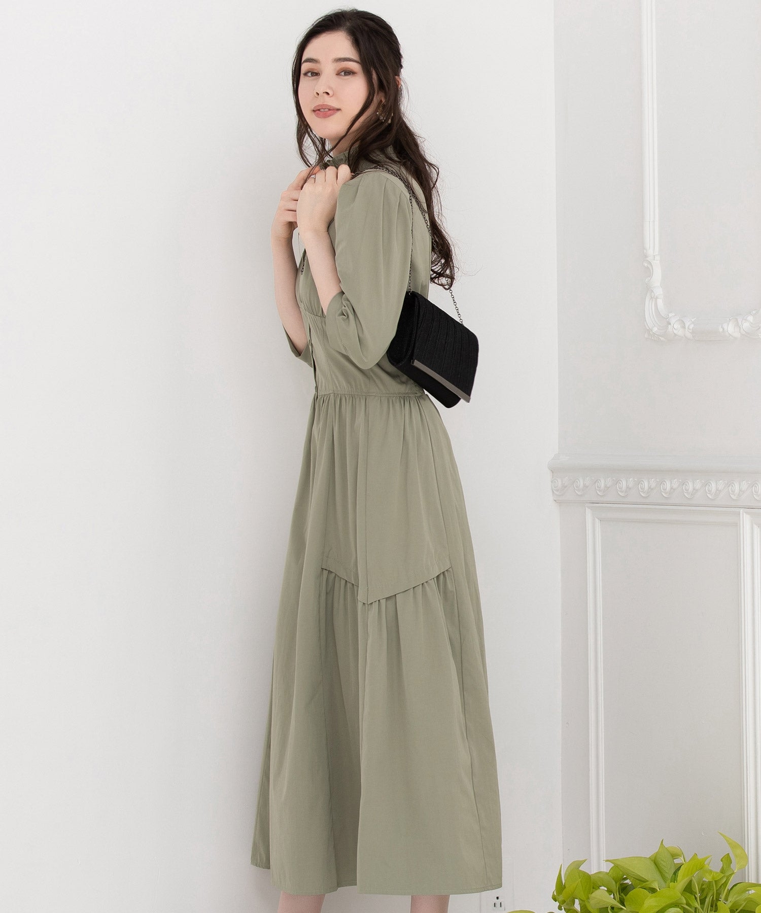 ワンピース フレア Aライン 袖付き スタンドカラーdsn0059