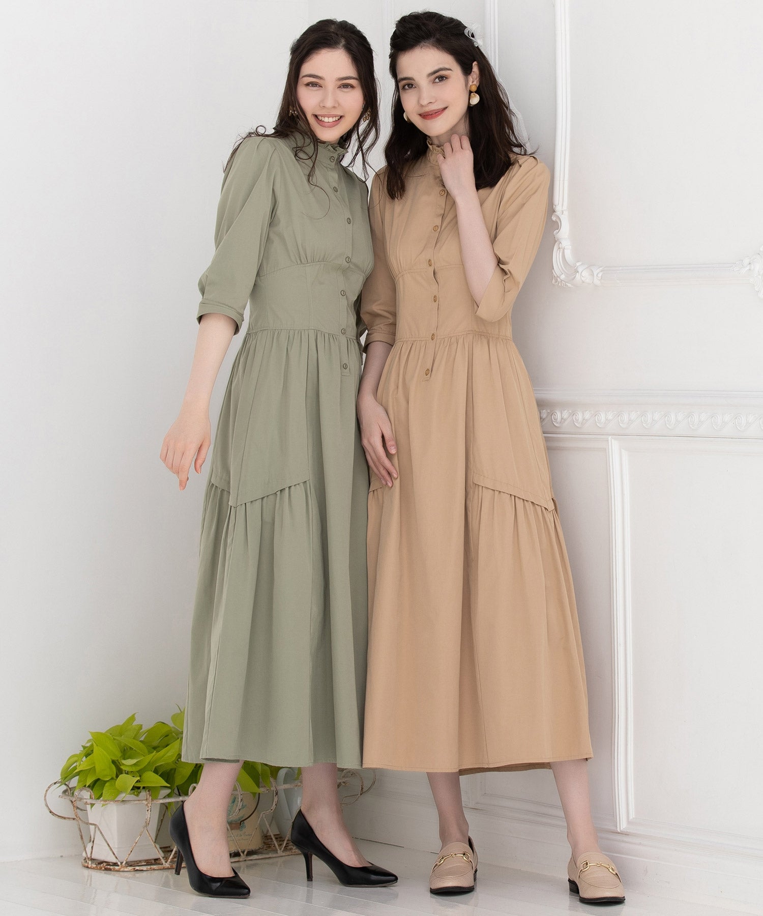 ワンピース フレア Aライン 袖付き スタンドカラーdsn0059