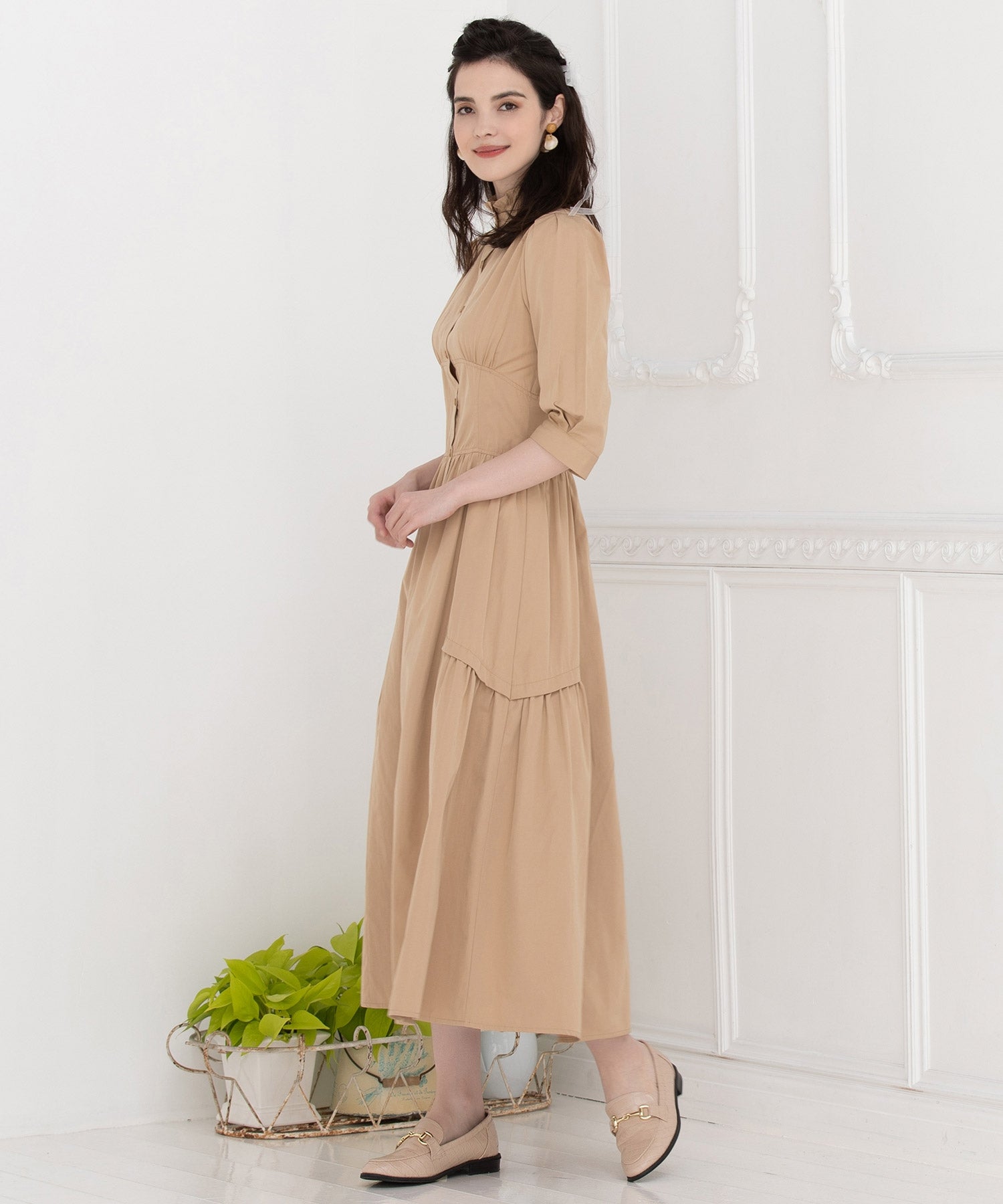 ワンピース フレア Aライン 袖付き スタンドカラーdsn0059