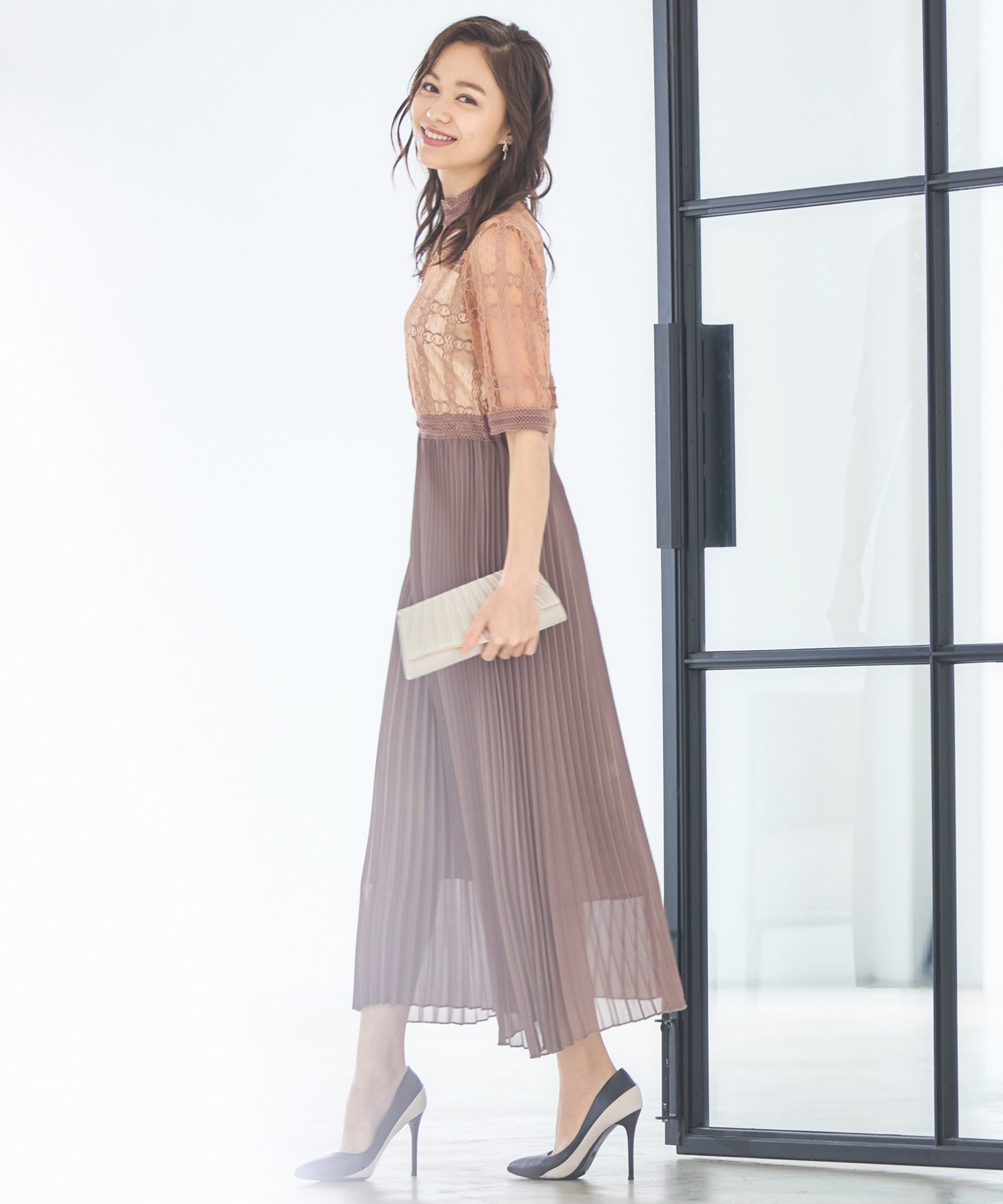 ワンピース ドレス シアー素材 レース プリーツ ミモレ丈 袖ありパーティードレス dsn0089