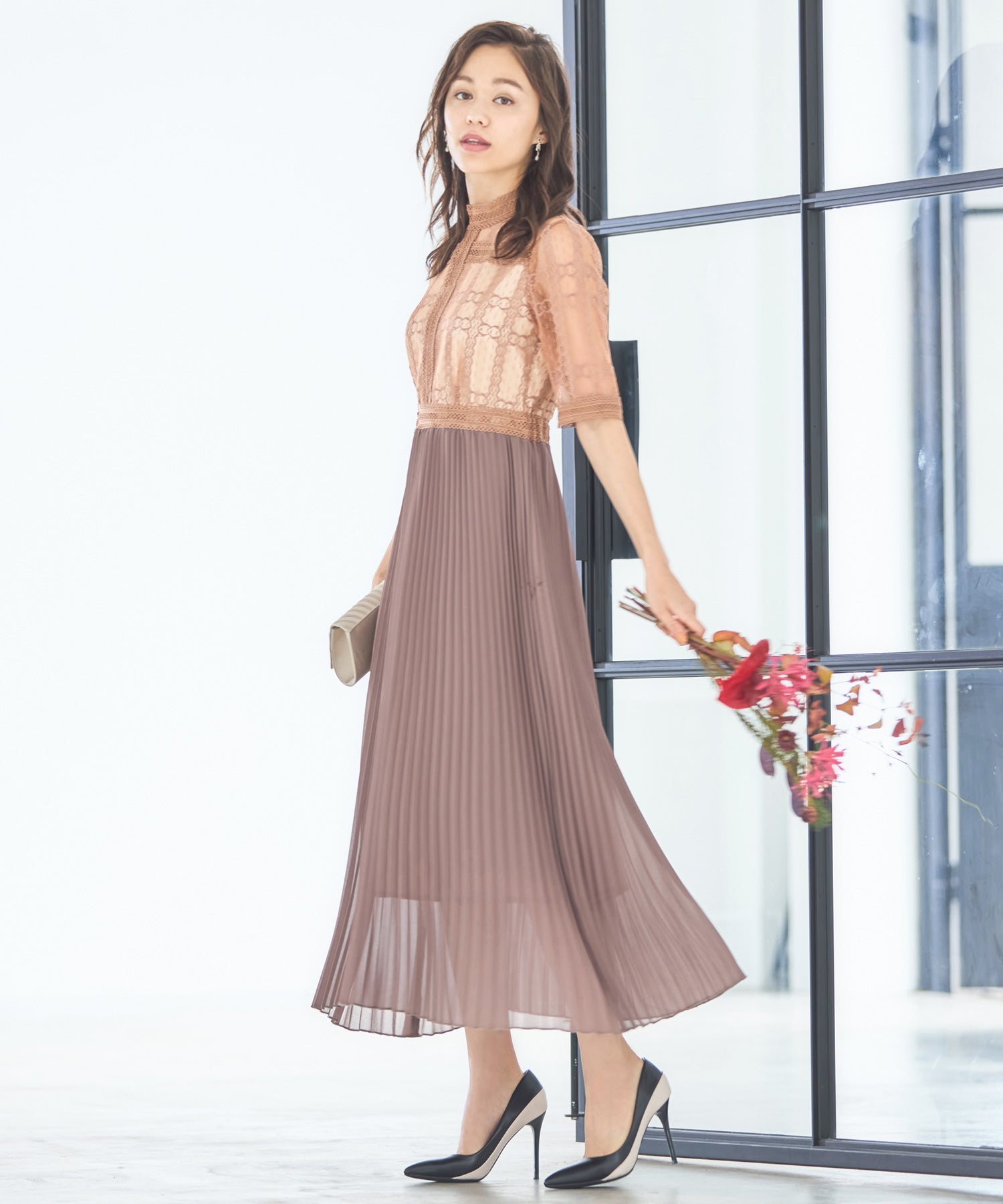 ワンピース ドレス シアー素材 レース プリーツ ミモレ丈 袖ありパーティードレス dsn0089