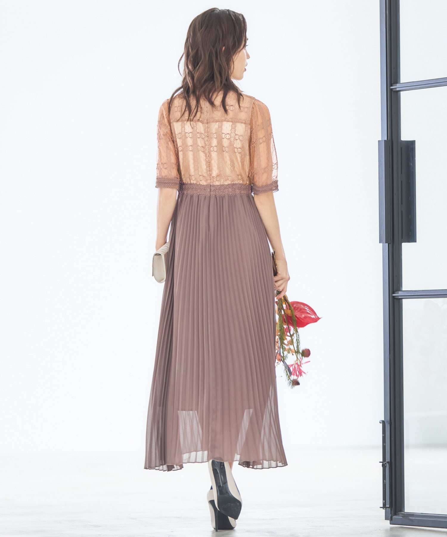ワンピース ドレス シアー素材 レース プリーツ ミモレ丈 袖ありパーティードレス dsn0089
