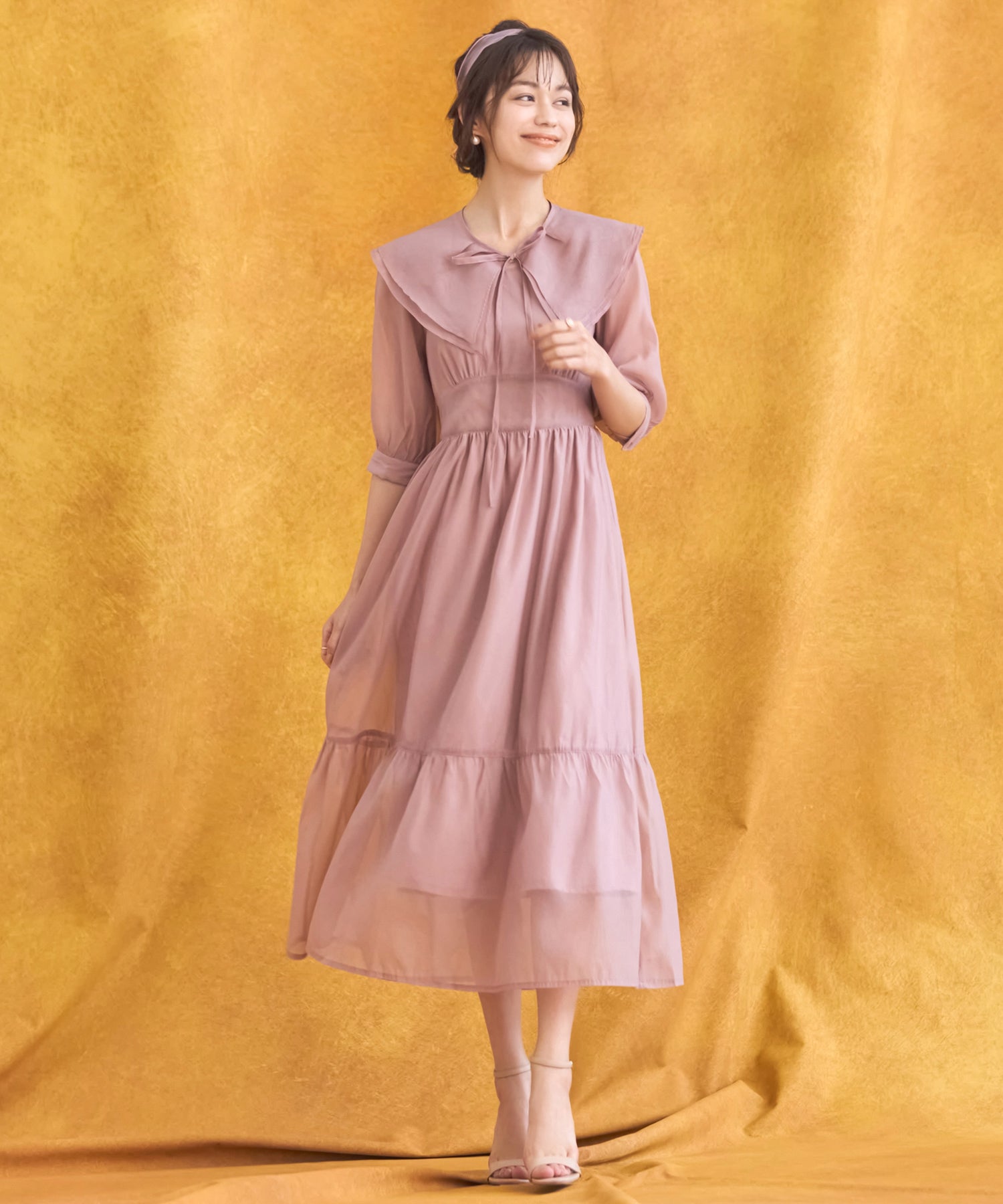 ワンピース シアー素材 ケープ付き ミモレ丈 dsn0090