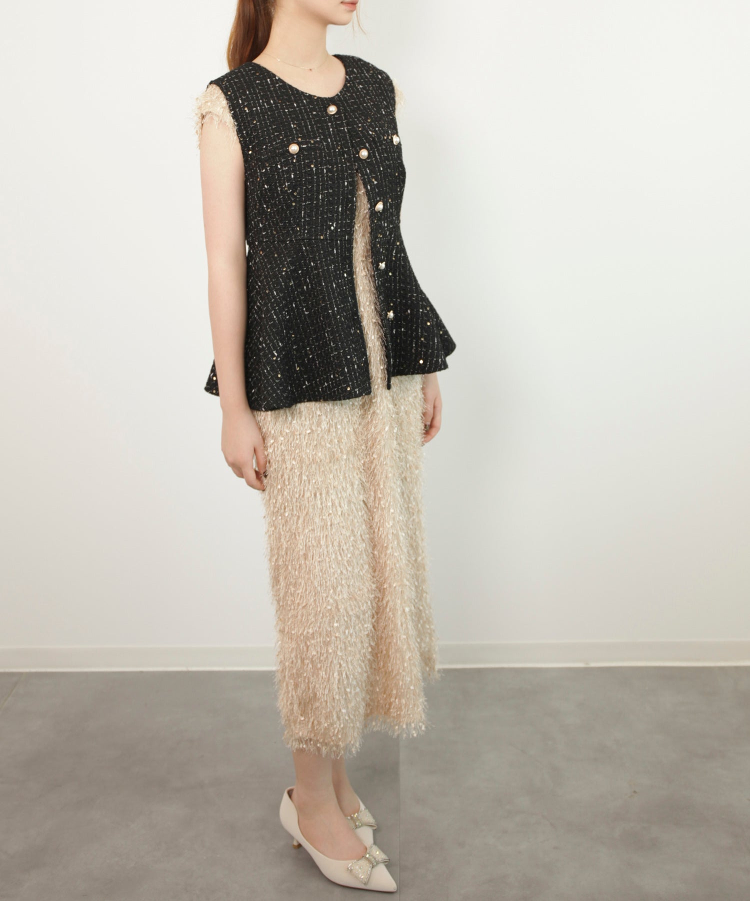 フリンジ フェザーヤーン キャミワンピースdsrb1020 ベージュ