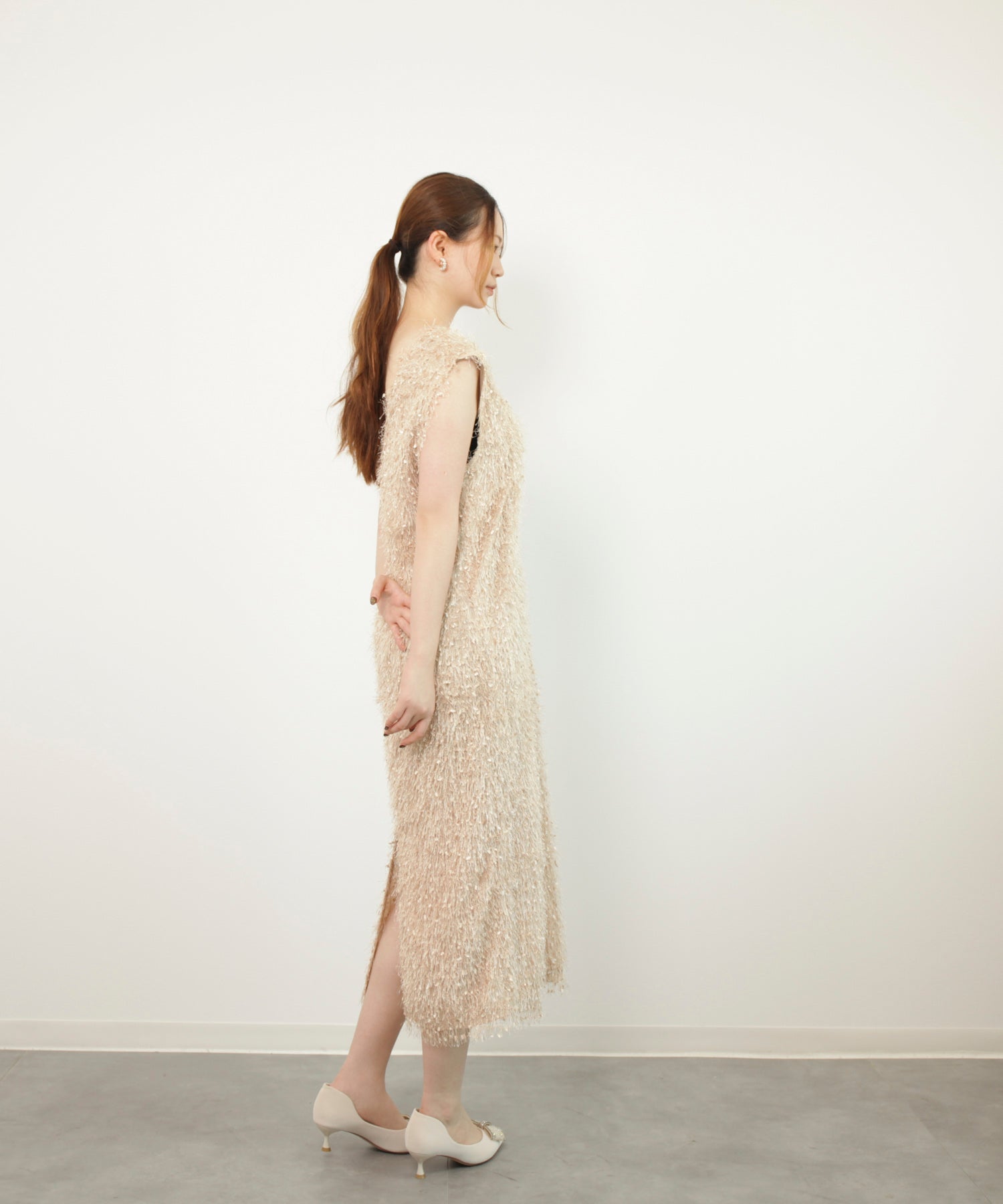 フリンジ フェザーヤーン キャミワンピースdsrb1020 ベージュ