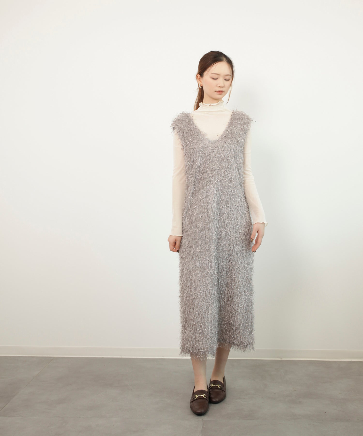 フリンジ フェザーヤーン キャミワンピースdsrb1020 グレー