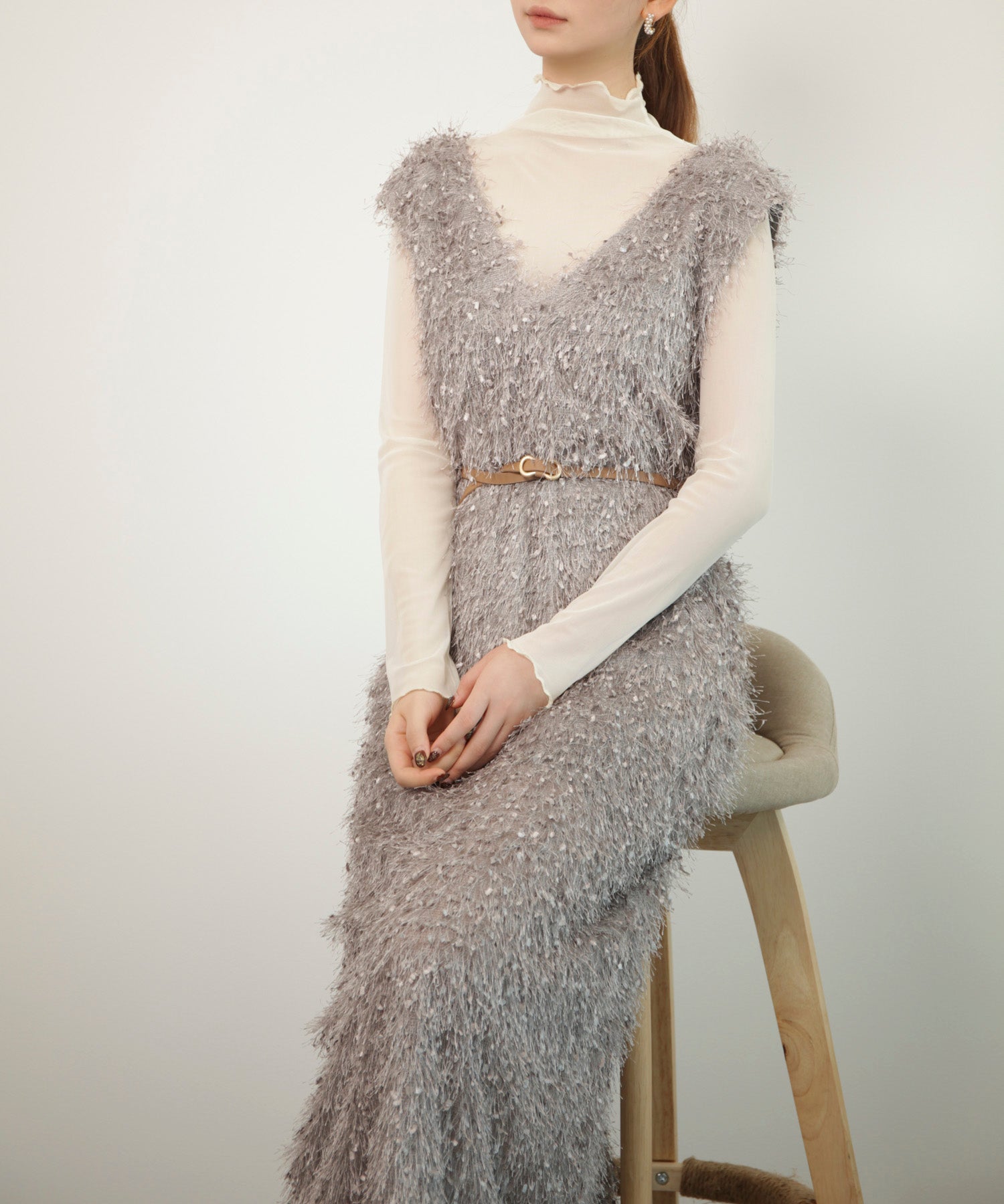 フリンジ フェザーヤーン キャミワンピースdsrb1020 グレー