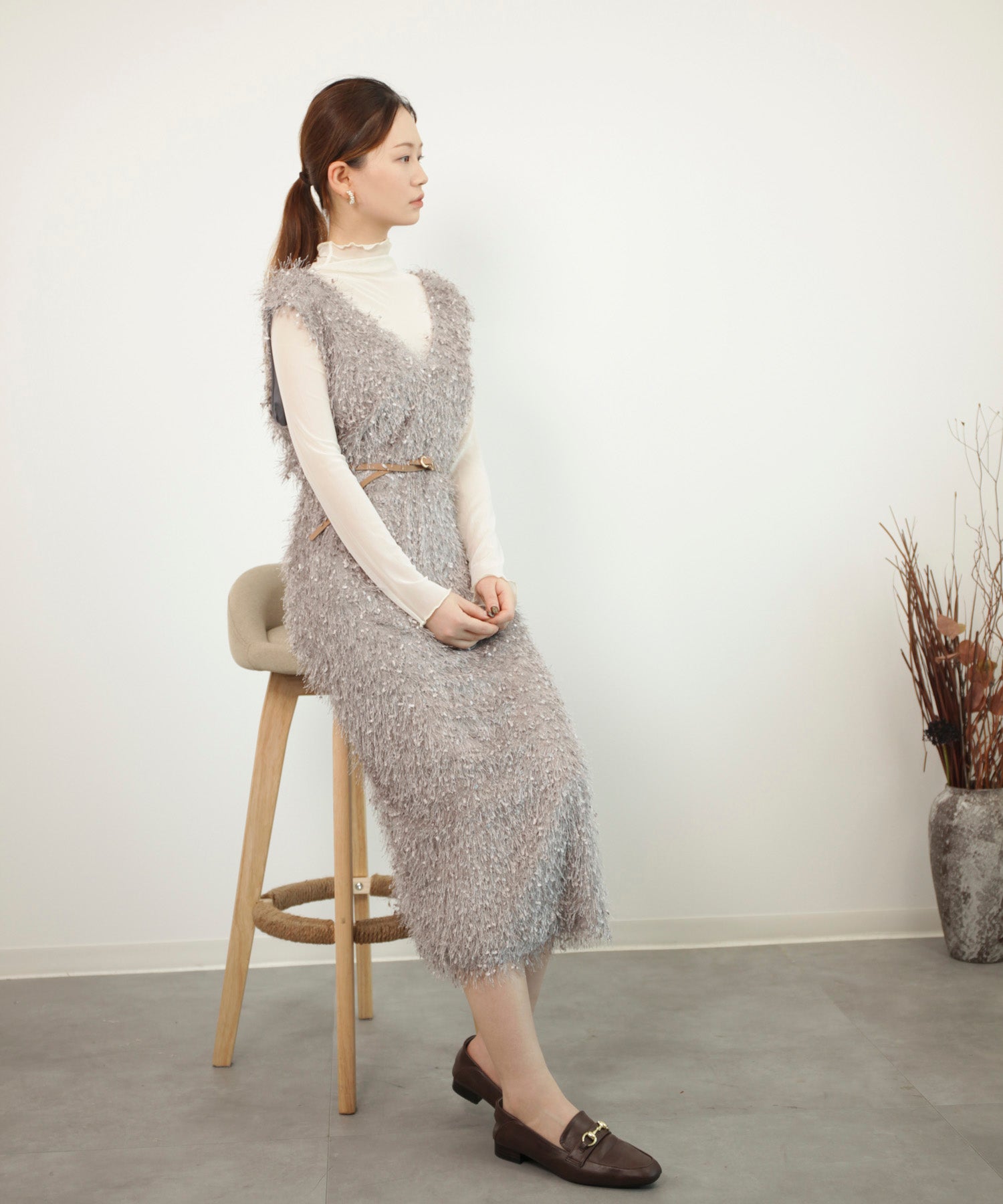 フリンジ フェザーヤーン キャミワンピースdsrb1020 グレー