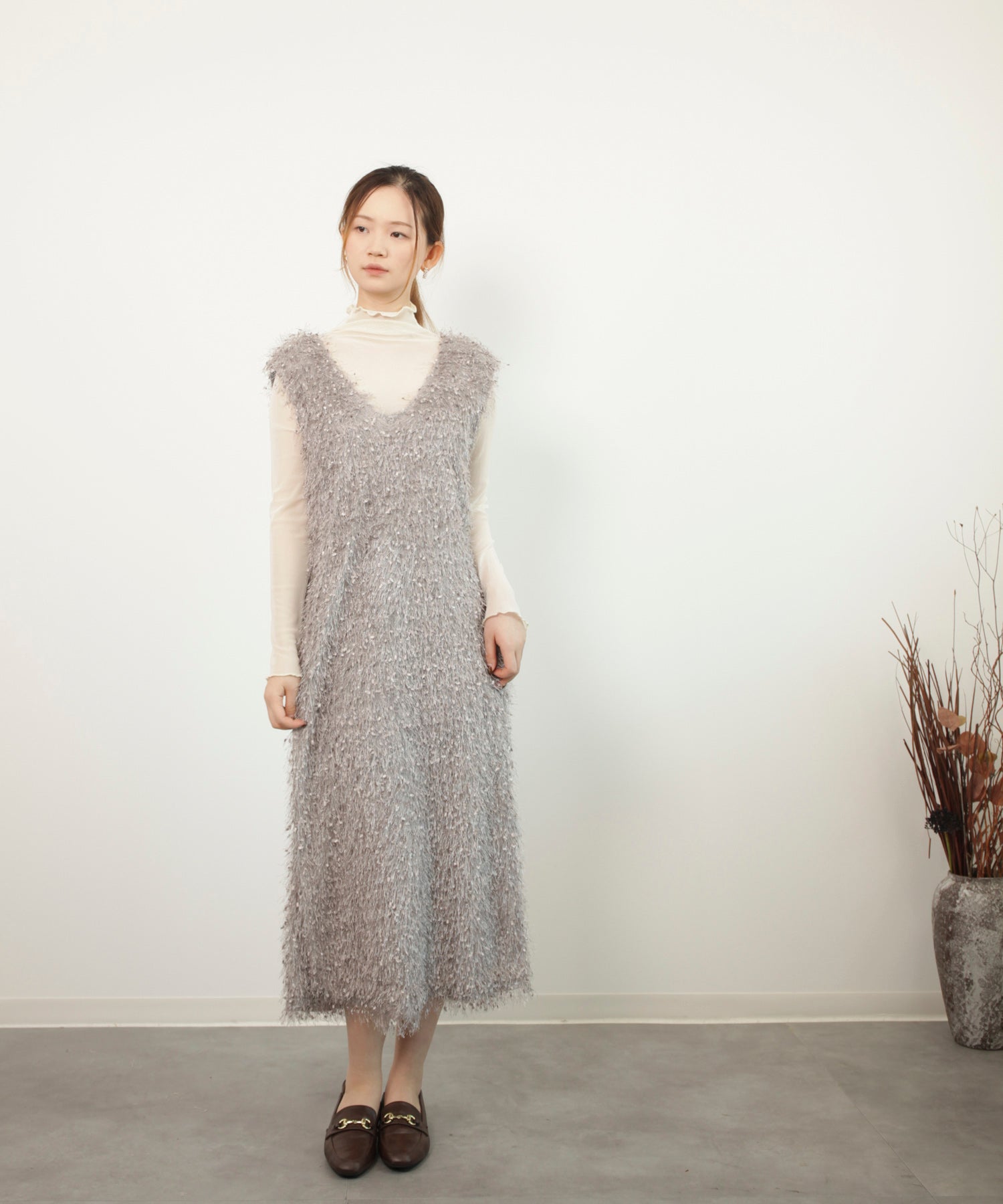 フリンジ フェザーヤーン キャミワンピースdsrb1020 グレー