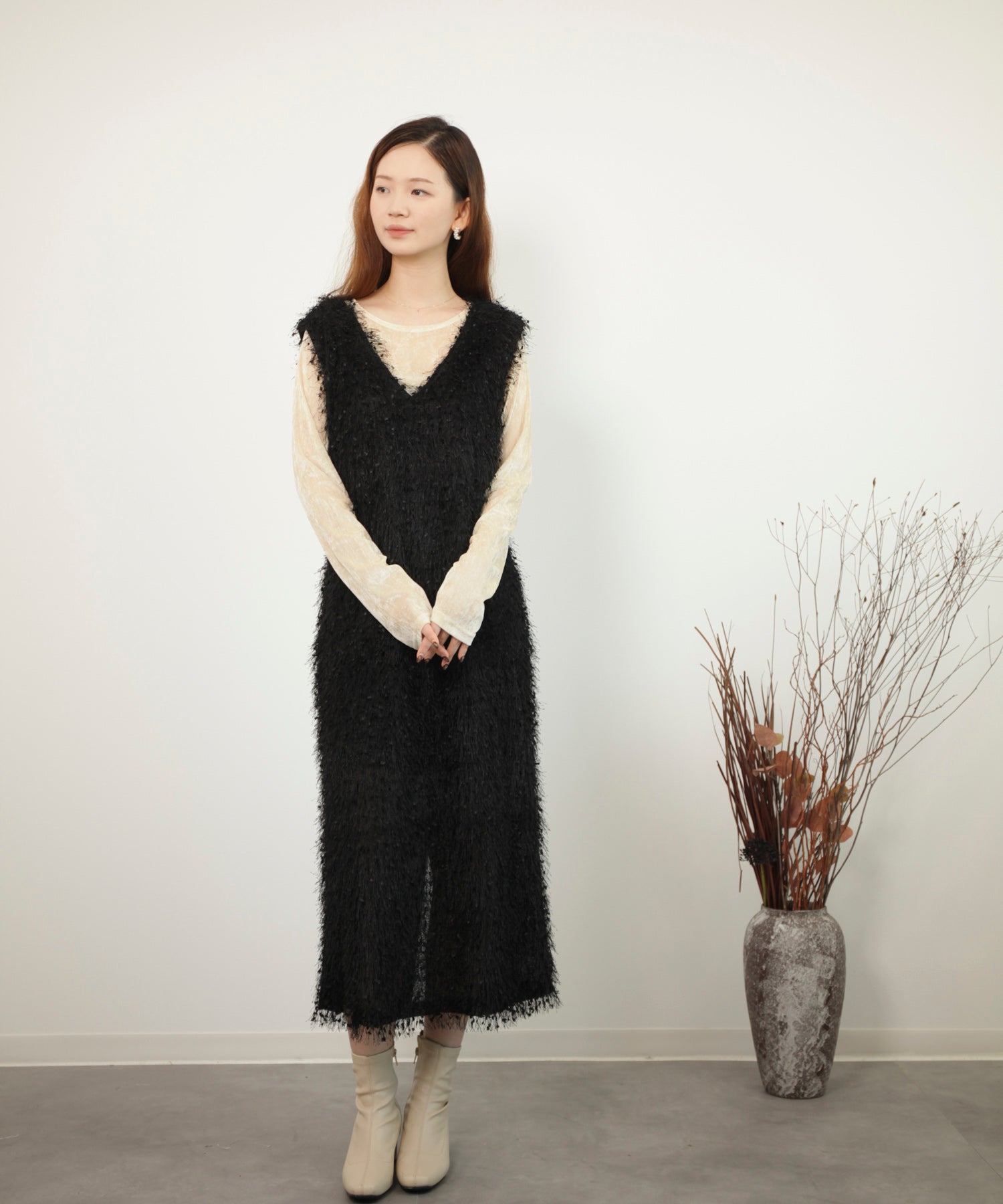 フリンジ フェザーヤーン キャミワンピースdsrb1020 ブラック