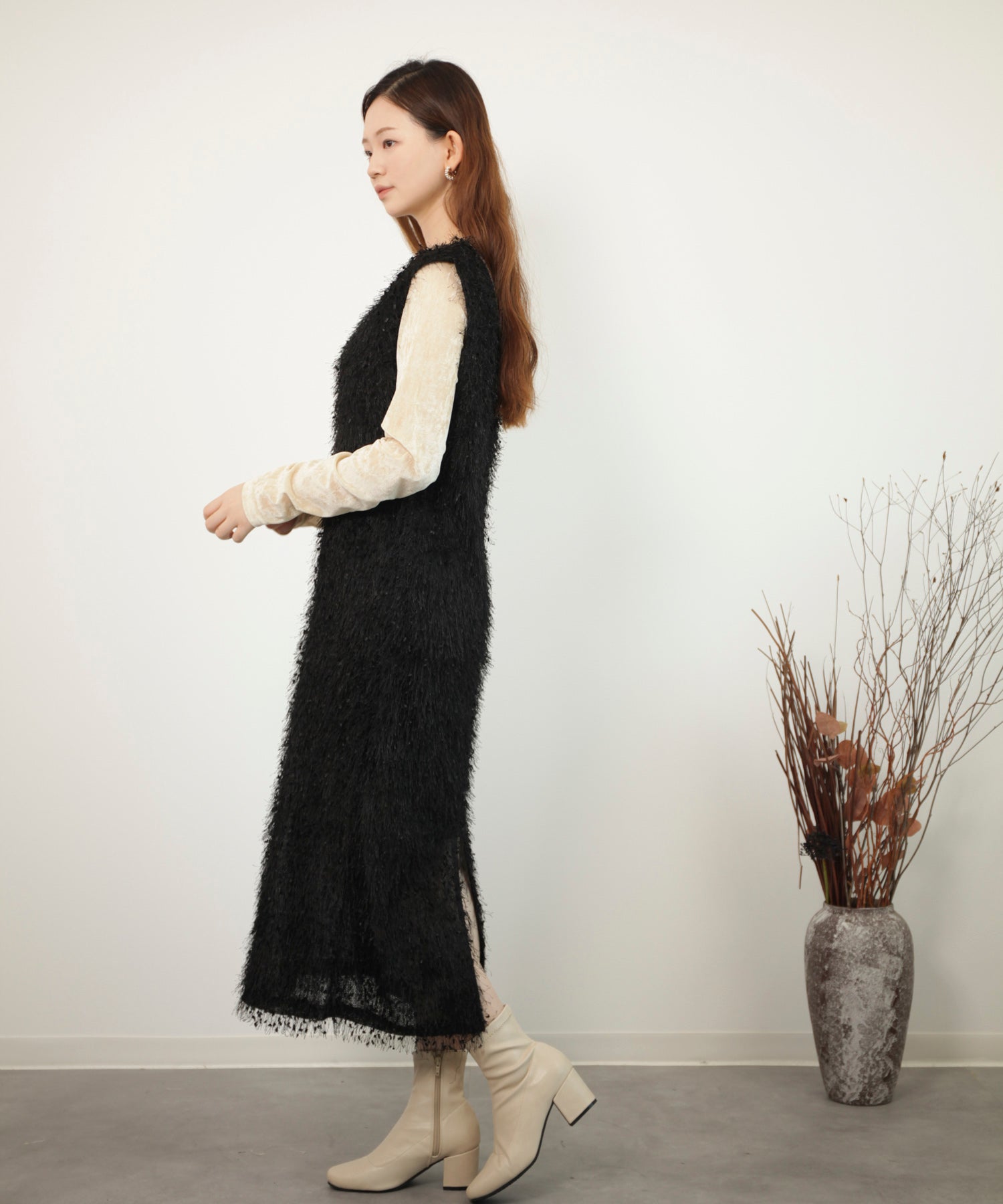 フリンジ フェザーヤーン キャミワンピースdsrb1020 ブラック