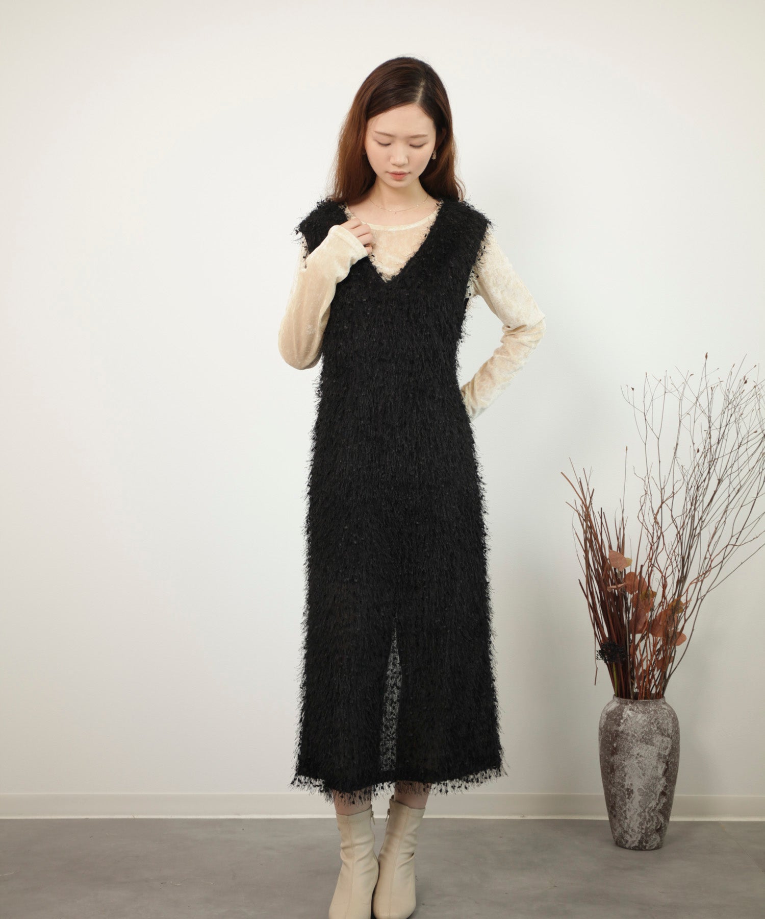 フリンジ フェザーヤーン キャミワンピースdsrb1020 ブラック