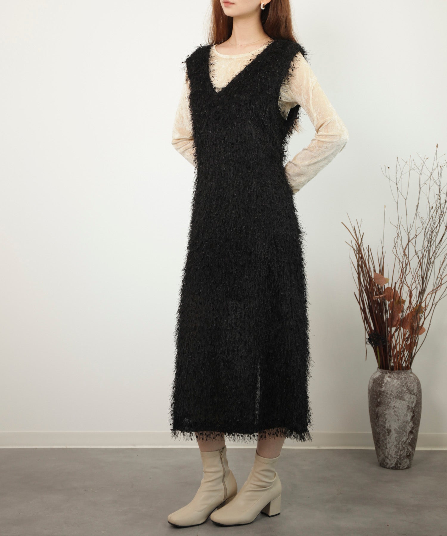 フリンジ フェザーヤーン キャミワンピースdsrb1020 ブラック