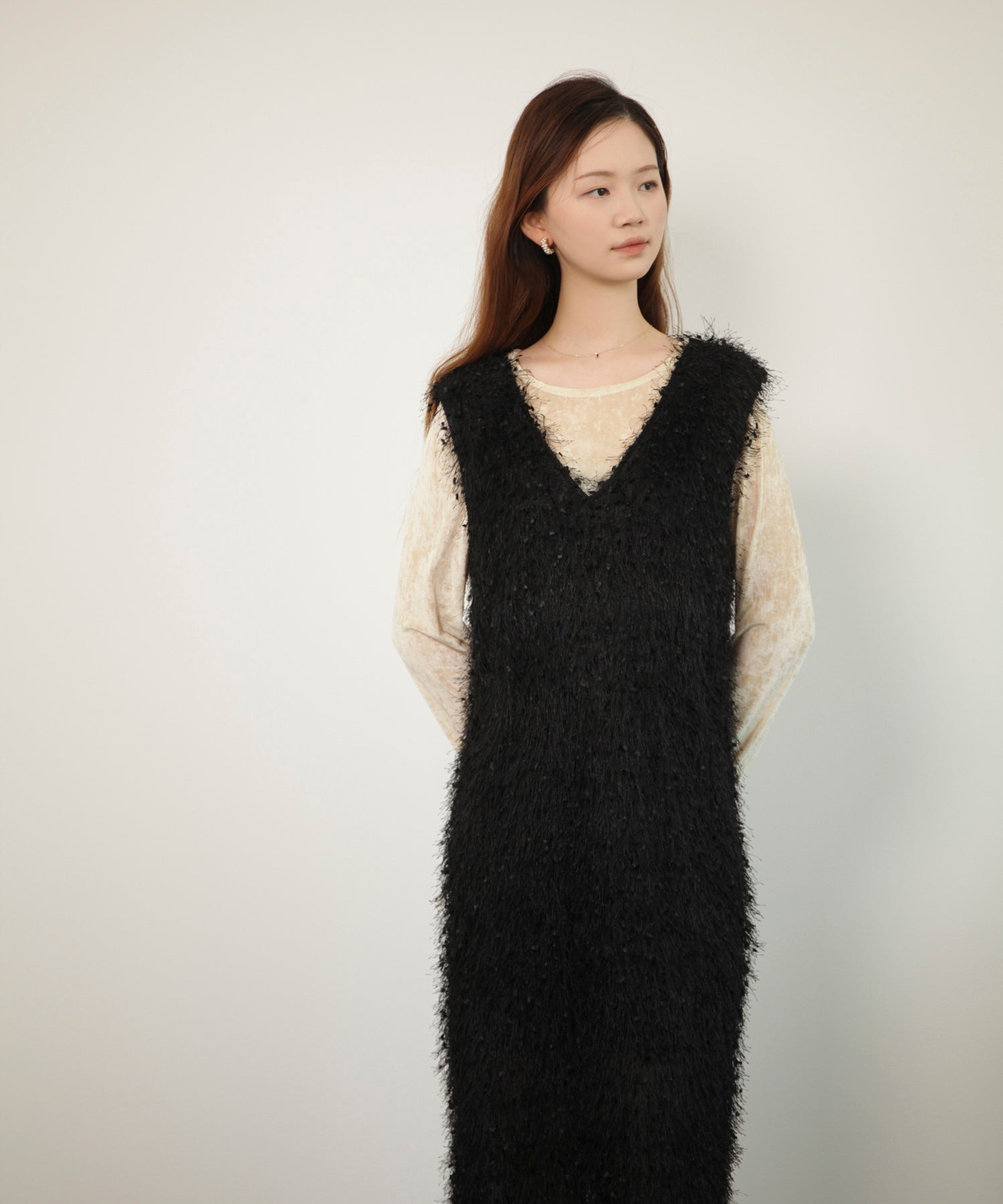 フリンジ フェザーヤーン キャミワンピースdsrb1020 ブラック