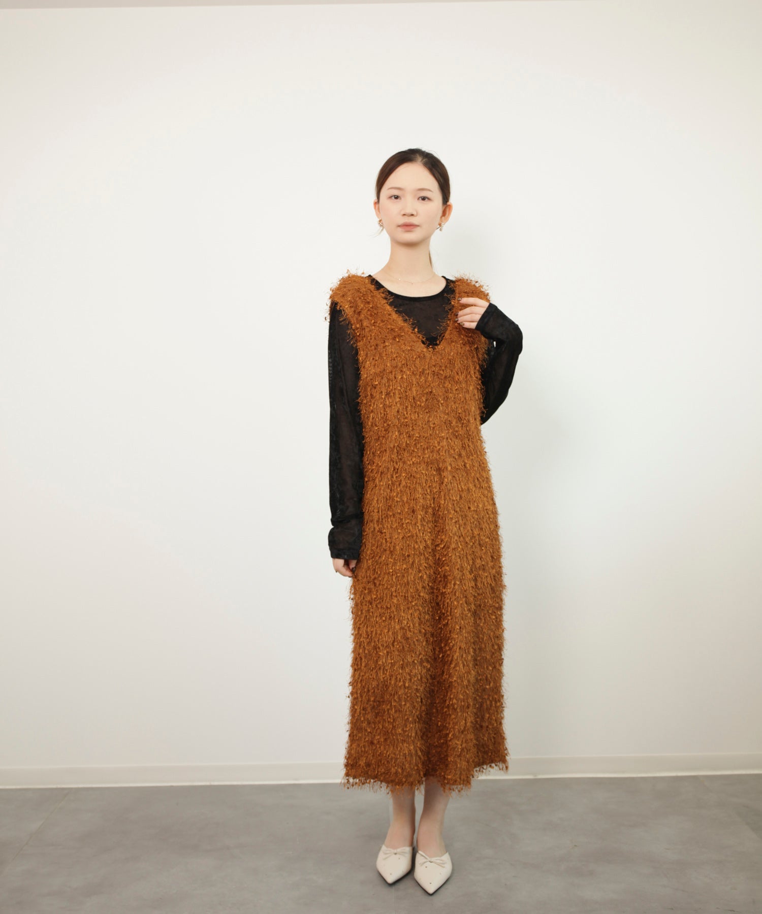 フリンジ フェザーヤーン キャミワンピースdsrb1020 モカ