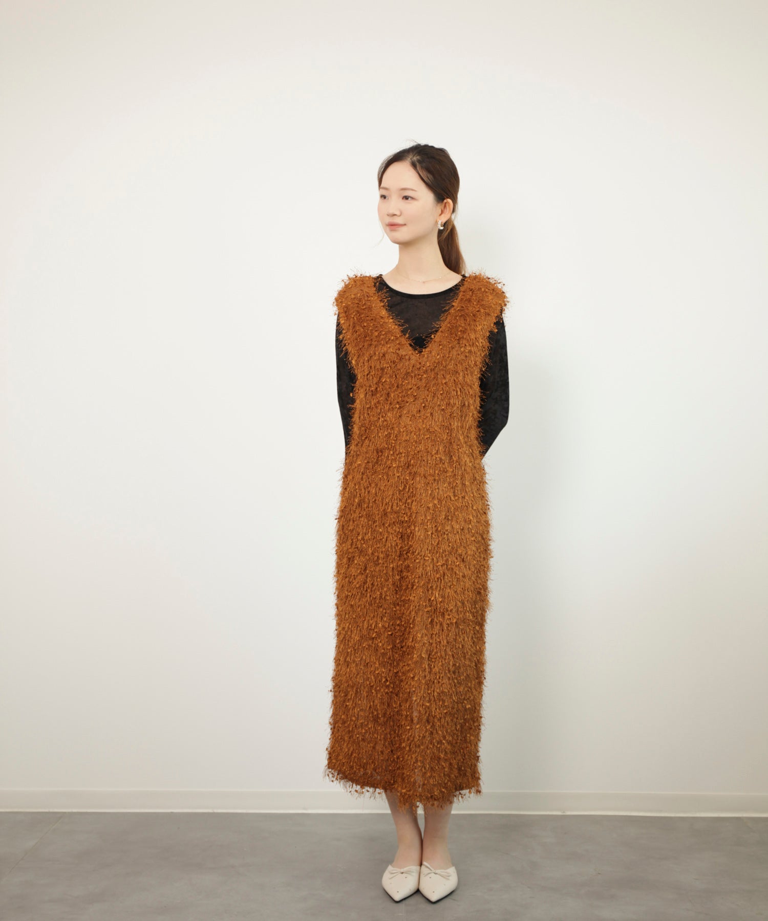 フリンジ フェザーヤーン キャミワンピースdsrb1020 モカ