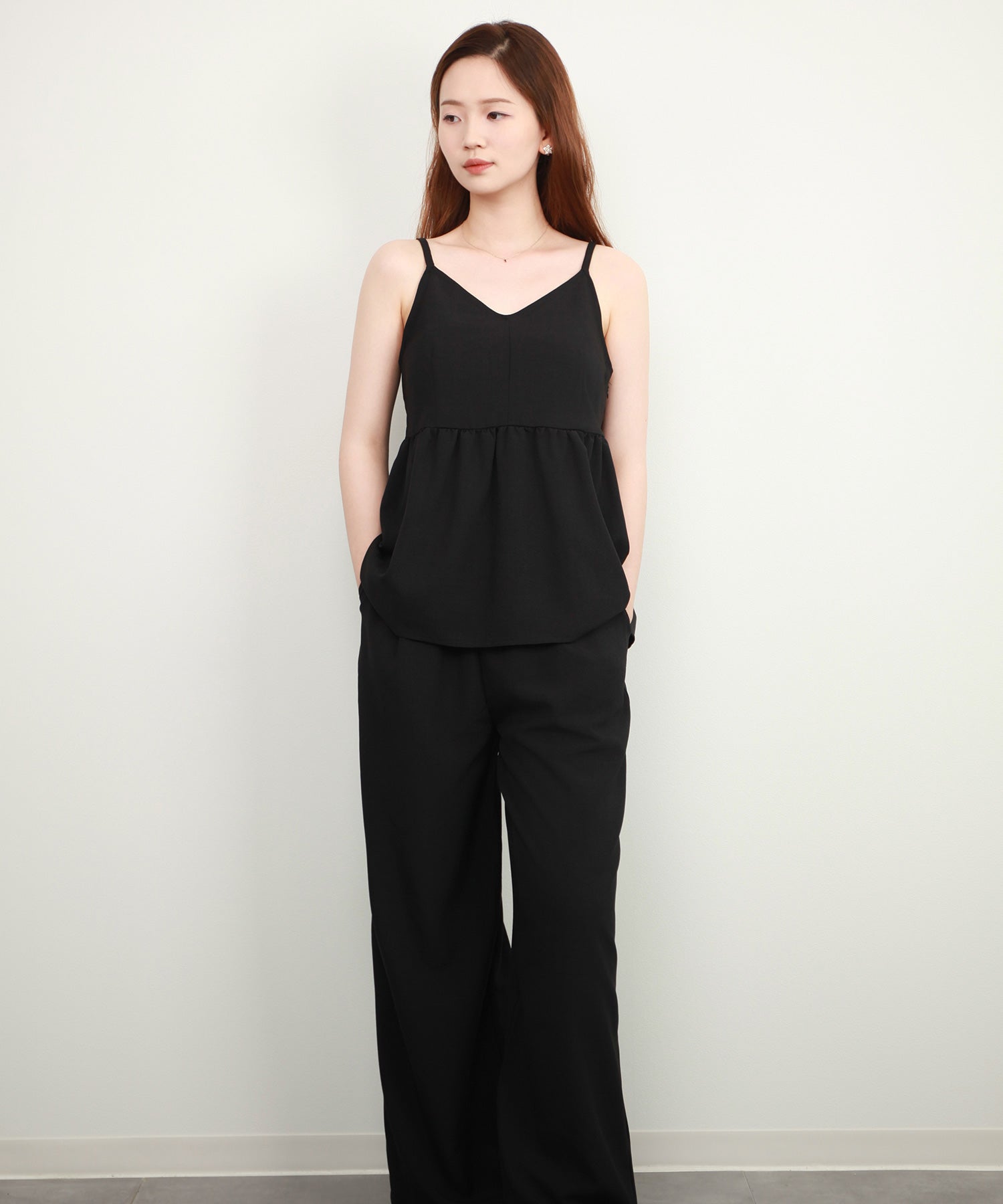 ペプラム ギャザー キャミソール セットアップdsrb2732 ブラック