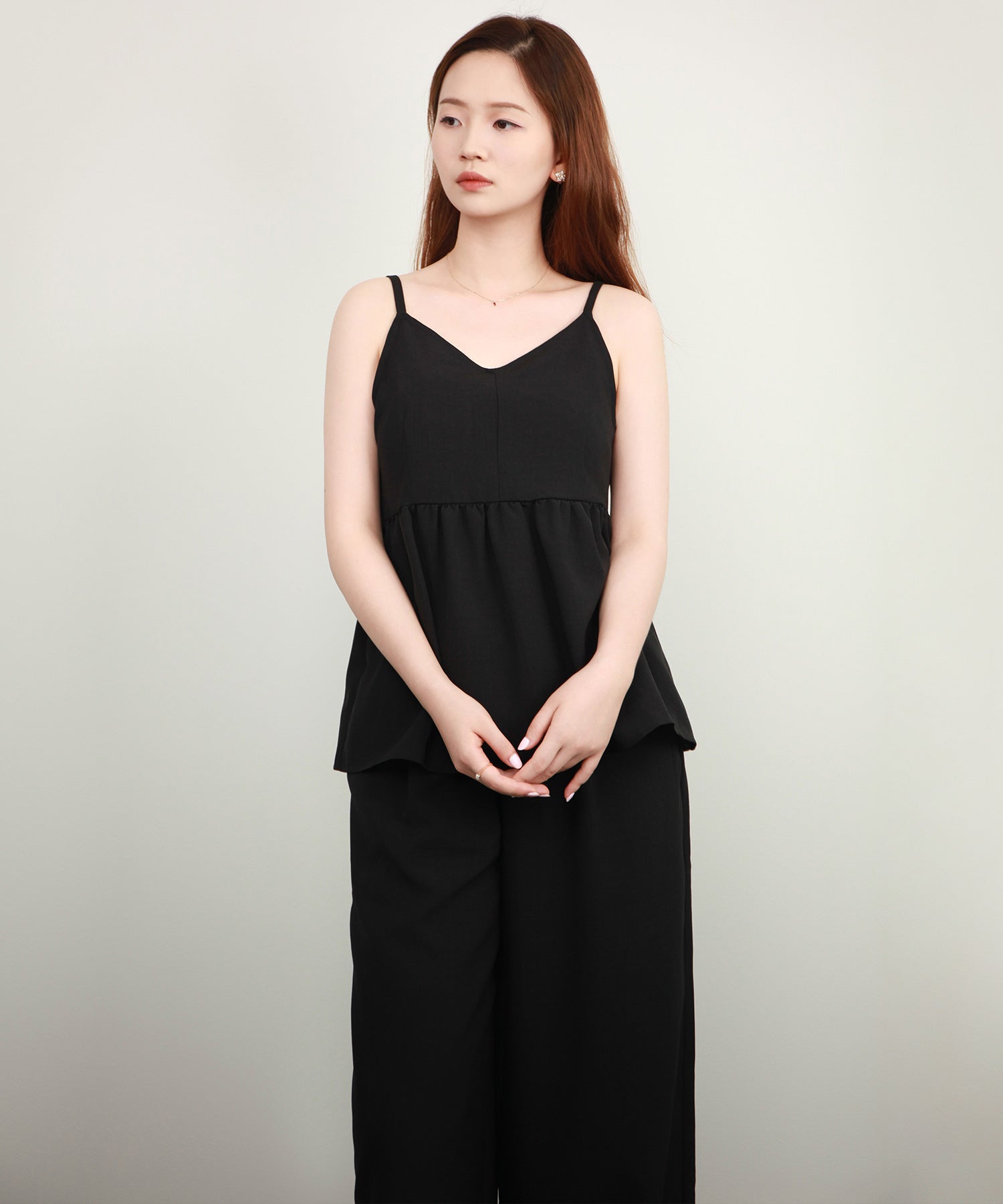 ペプラム ギャザー キャミソール セットアップdsrb2732 ブラック