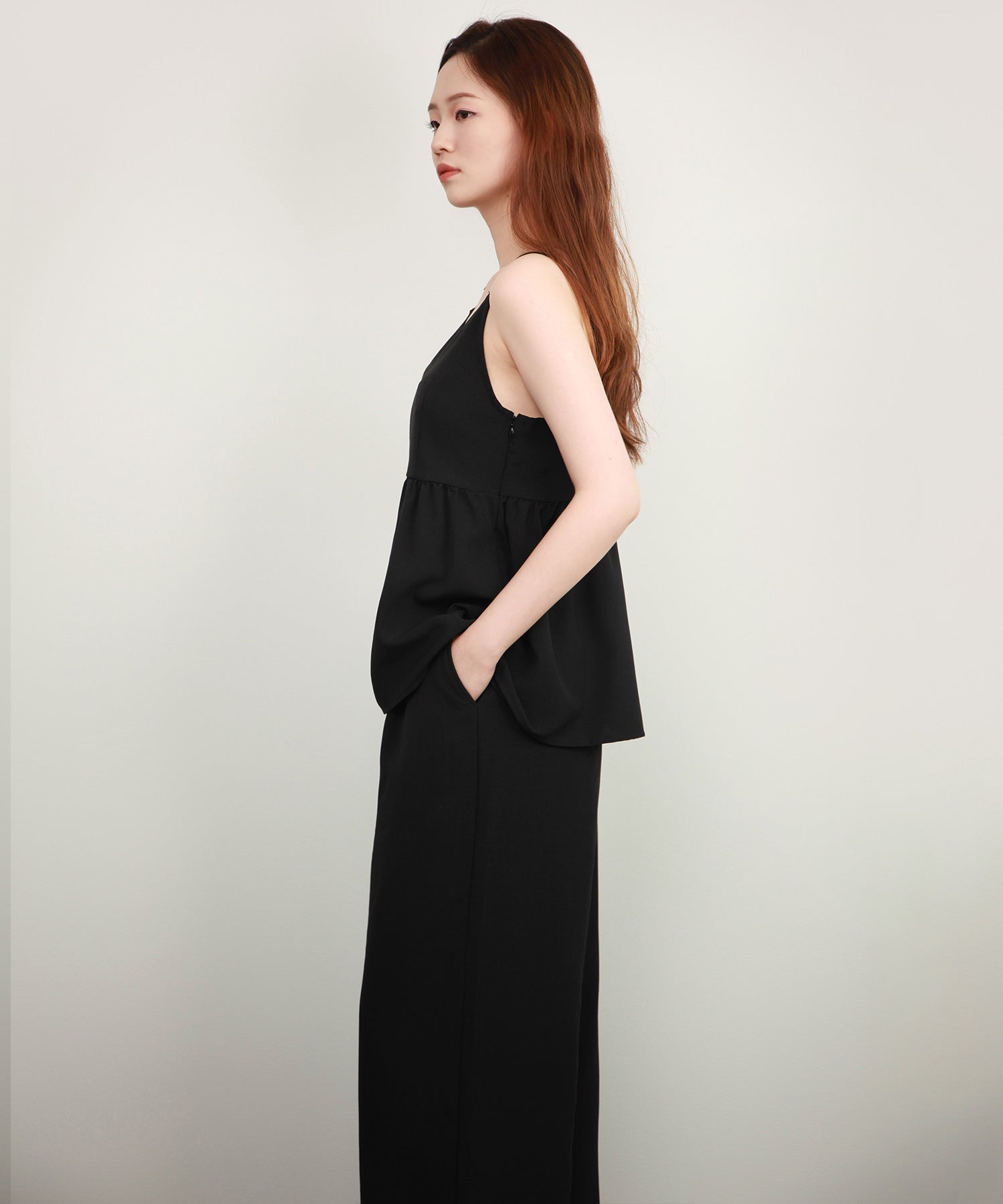 ペプラム ギャザー キャミソール セットアップdsrb2732 ブラック