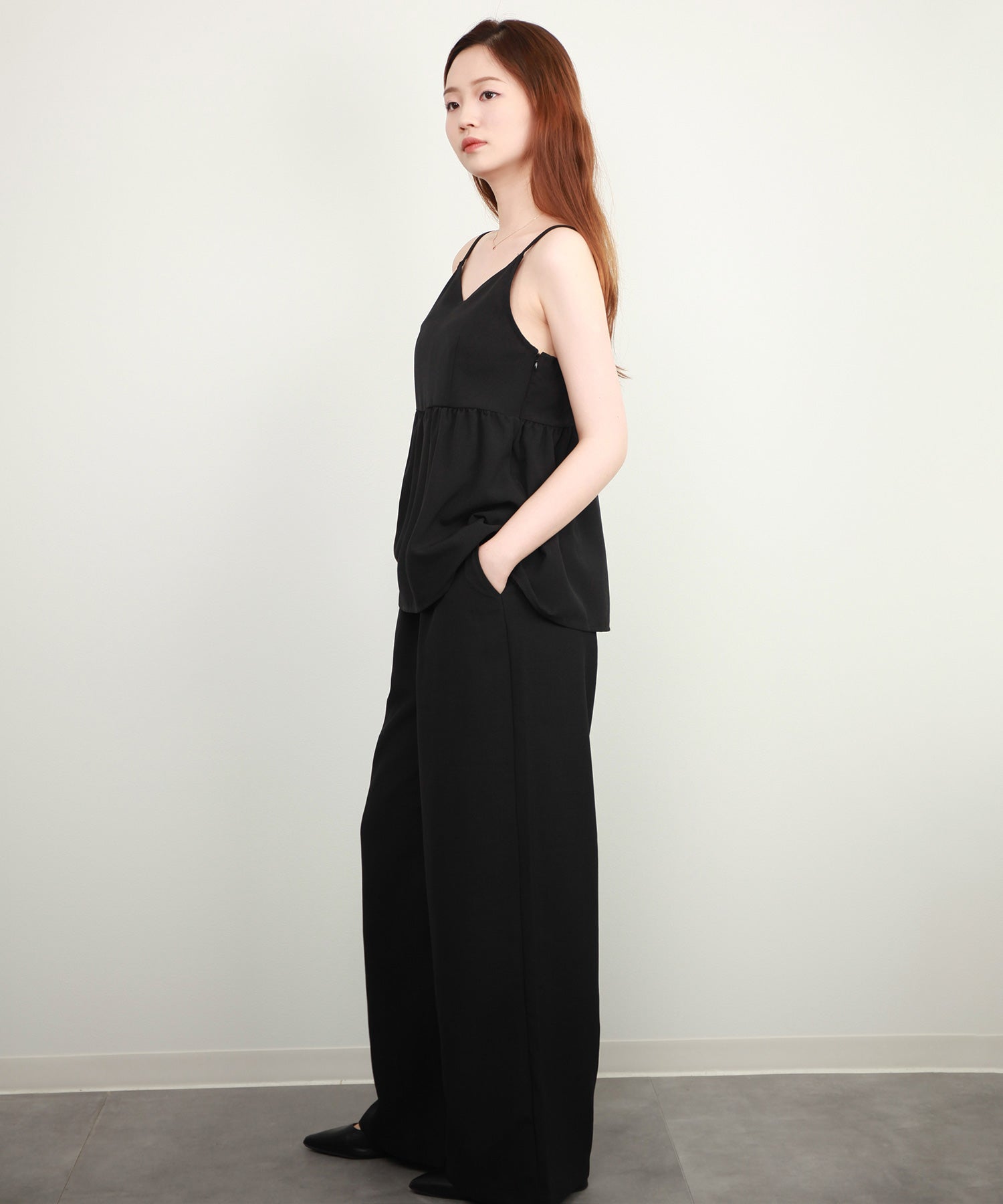 ペプラム ギャザー キャミソール セットアップdsrb2732 ブラック