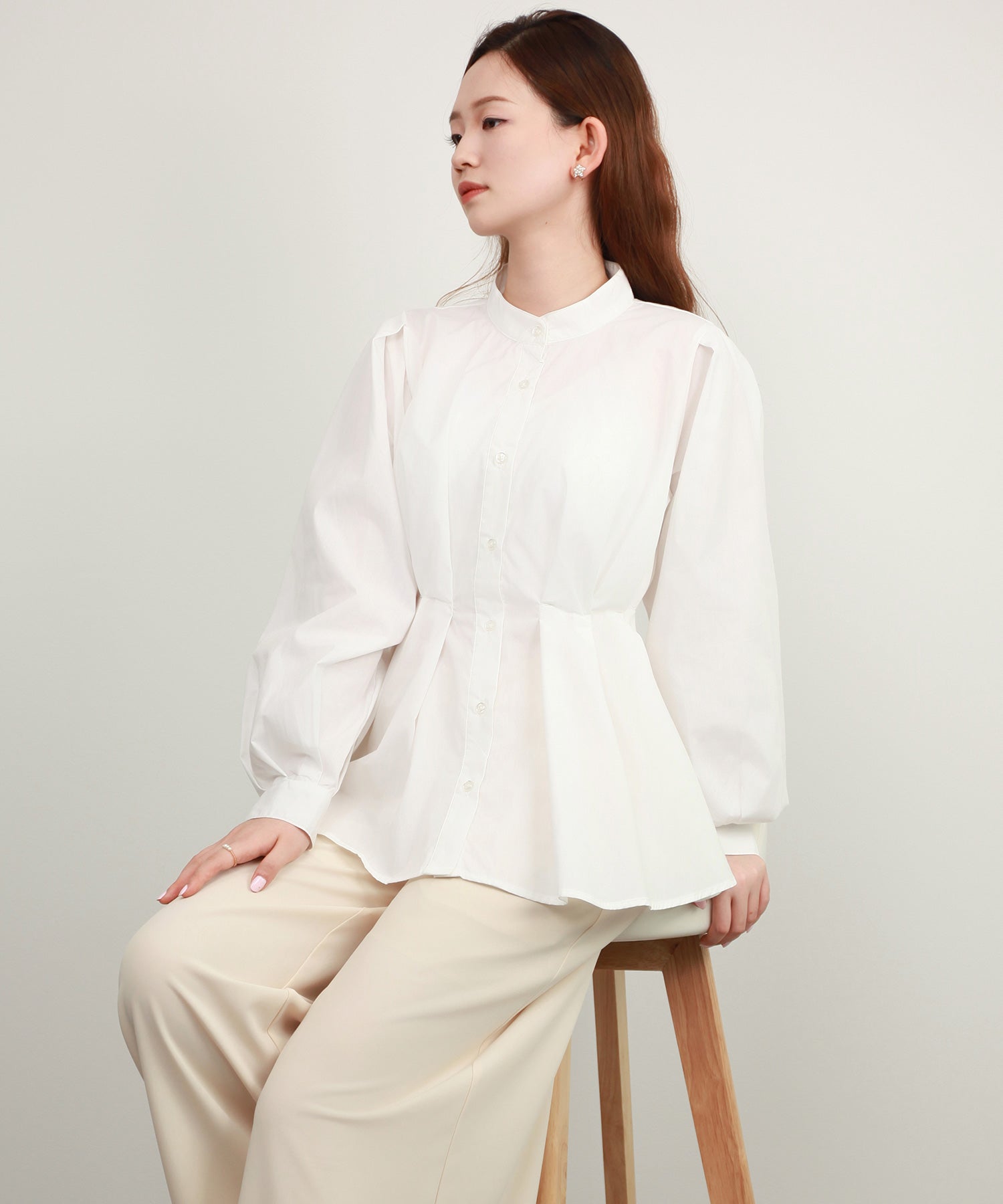 シャツ ブラウス スタンド カラーウエストタックdsrb4396 オフホワイト