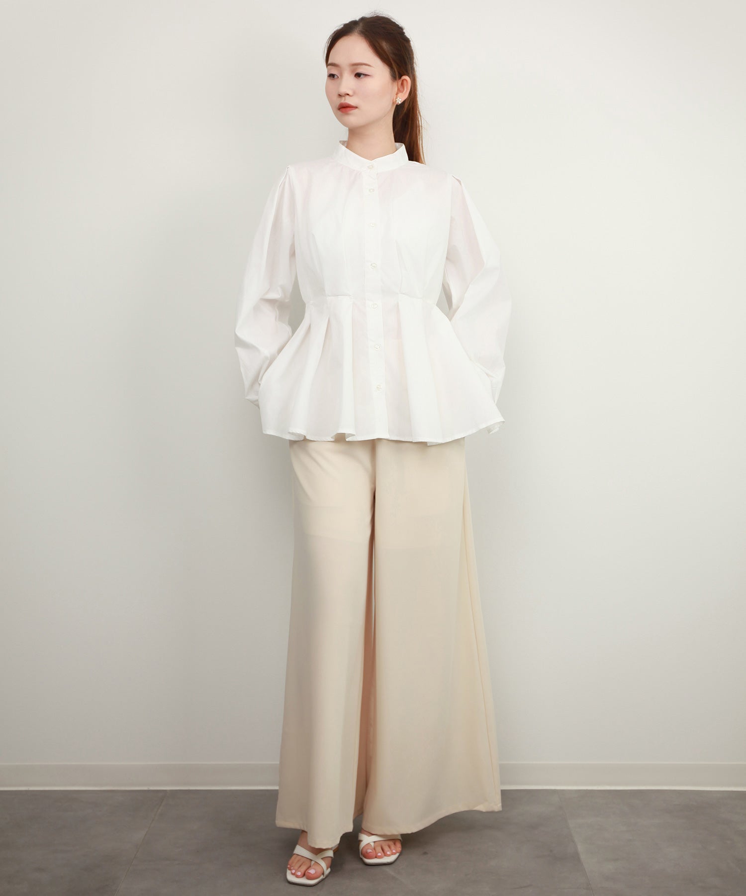 シャツ ブラウス スタンド カラーウエストタックdsrb4396 オフホワイト