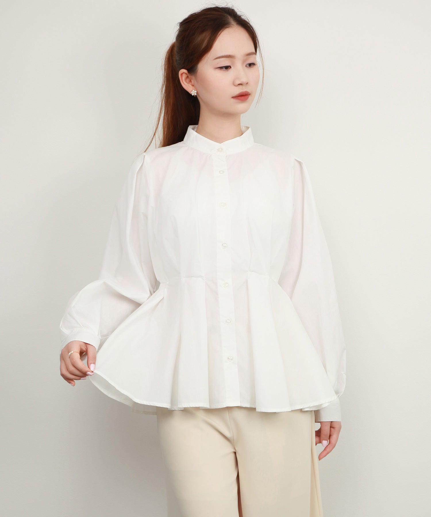 シャツ ブラウス スタンド カラーウエストタックdsrb4396 オフホワイト