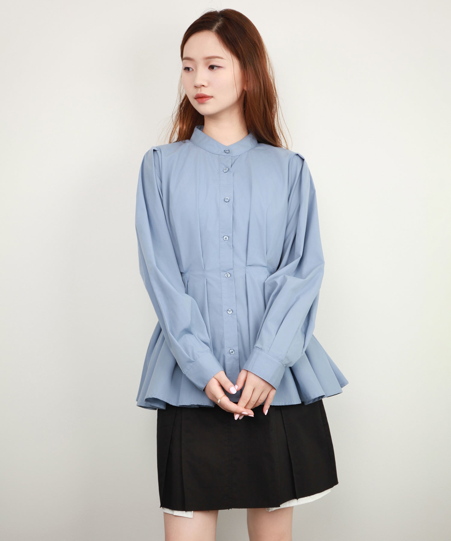 シャツ ブラウス スタンド カラーウエストタックdsrb4396 ブルー