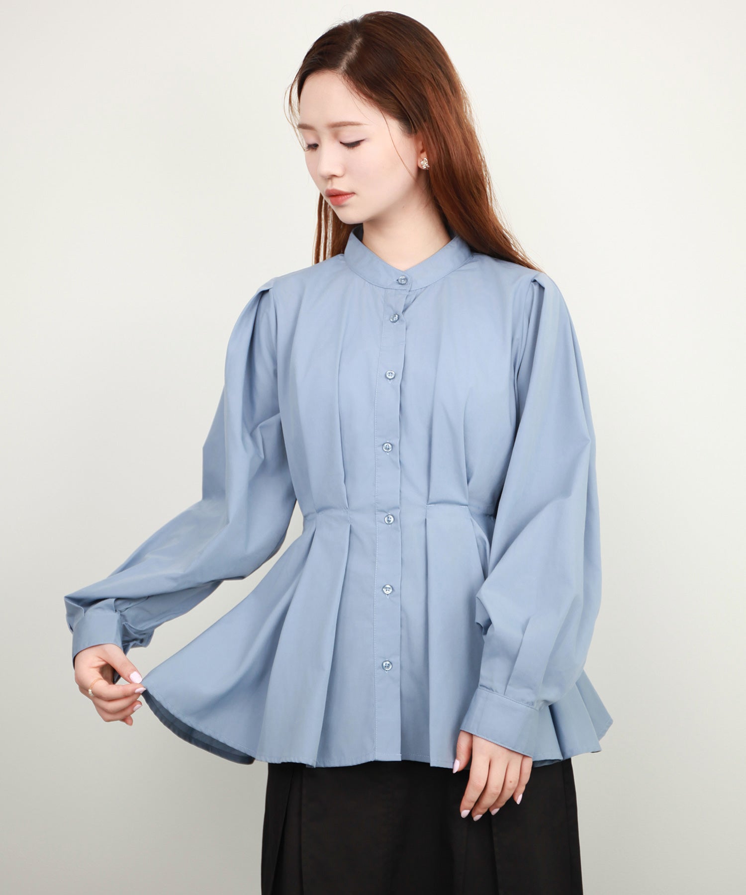 シャツ ブラウス スタンド カラーウエストタックdsrb4396 ブルー