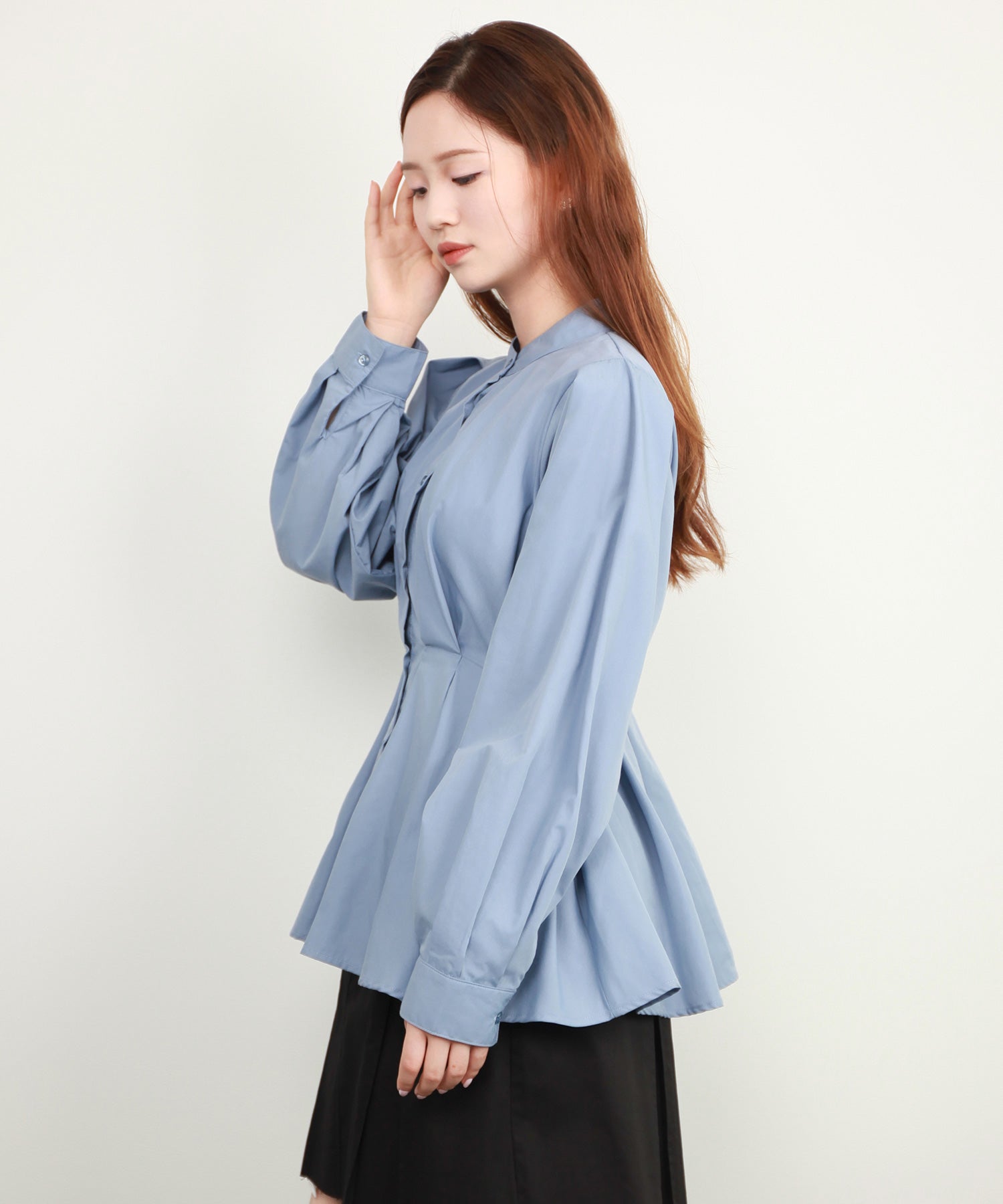 シャツ ブラウス スタンド カラーウエストタックdsrb4396 ブルー