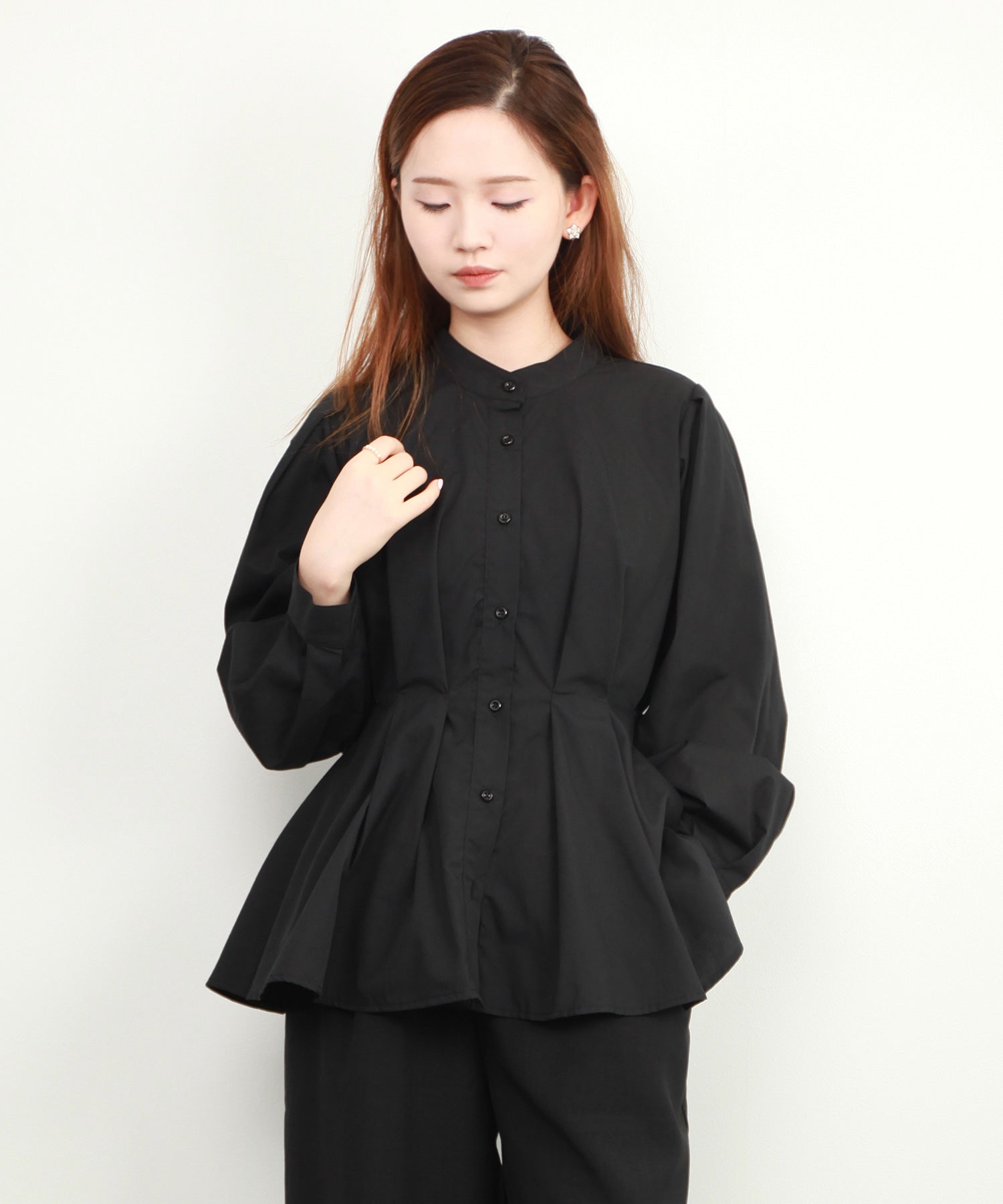 シャツ ブラウス スタンド カラーウエストタックdsrb4396 ブラック