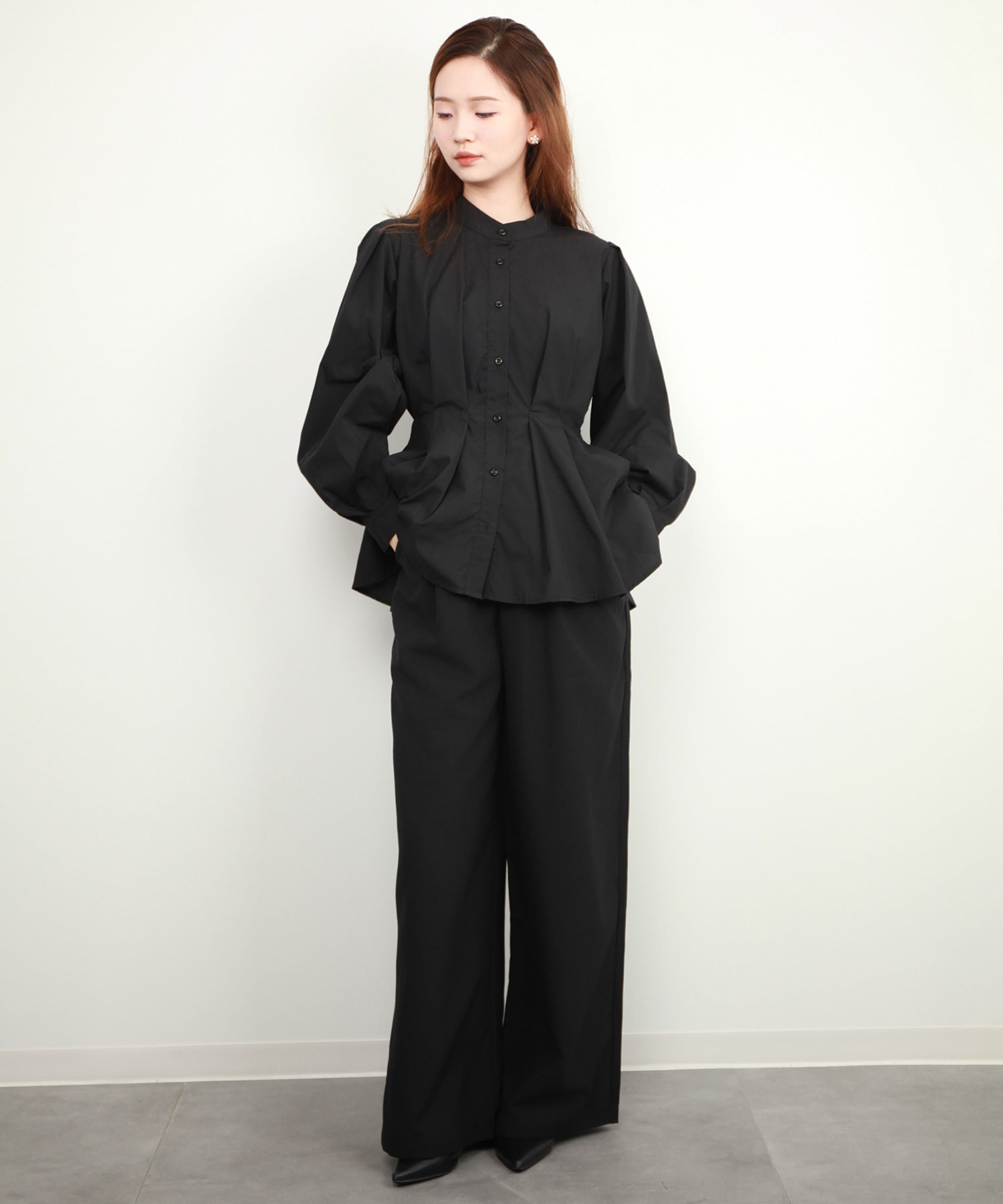 シャツ ブラウス スタンド カラーウエストタックdsrb4396 ブラック