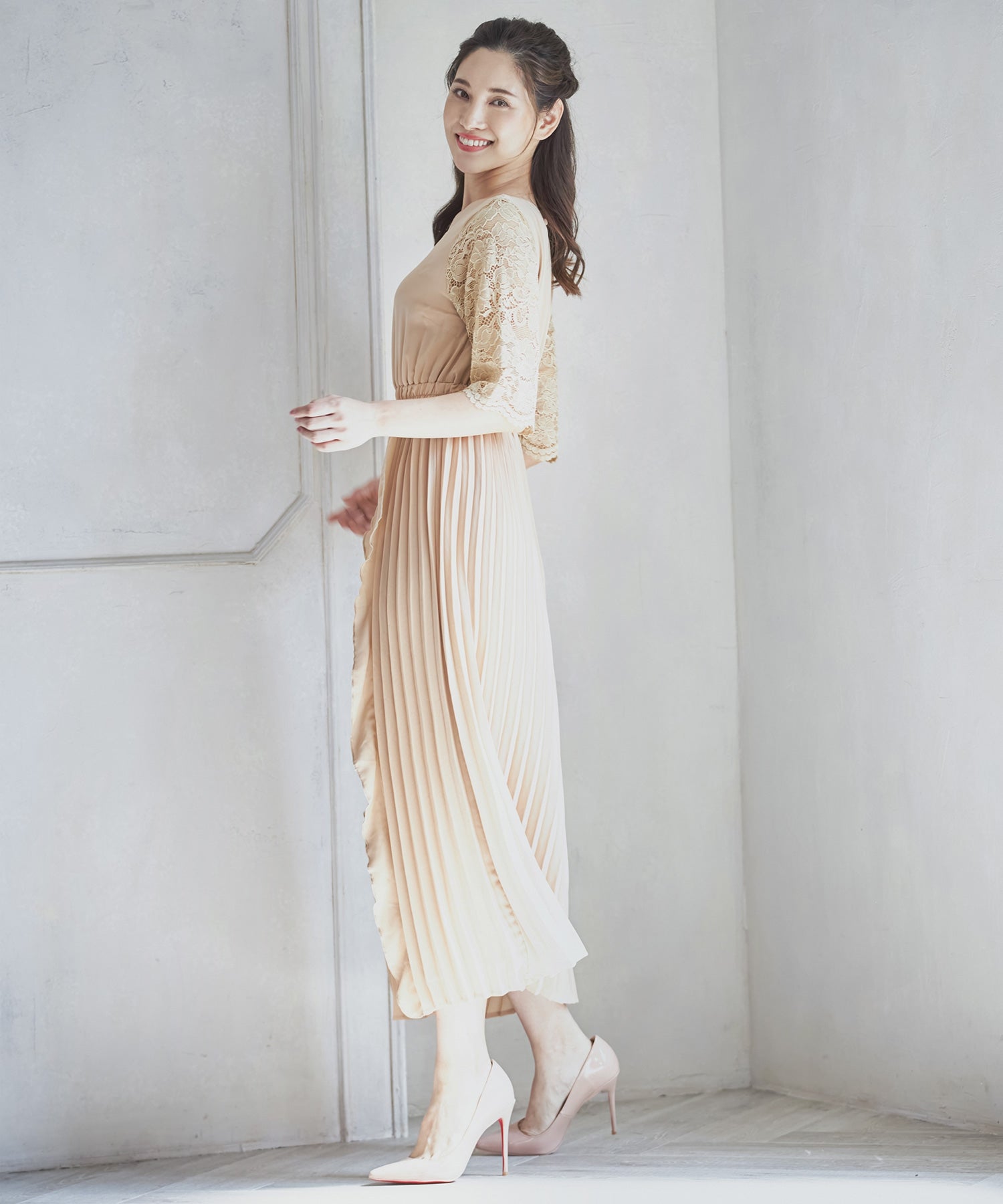 ワンピース ドレス レース袖 ミモレ丈 パーティードレス 結婚式dsz0005