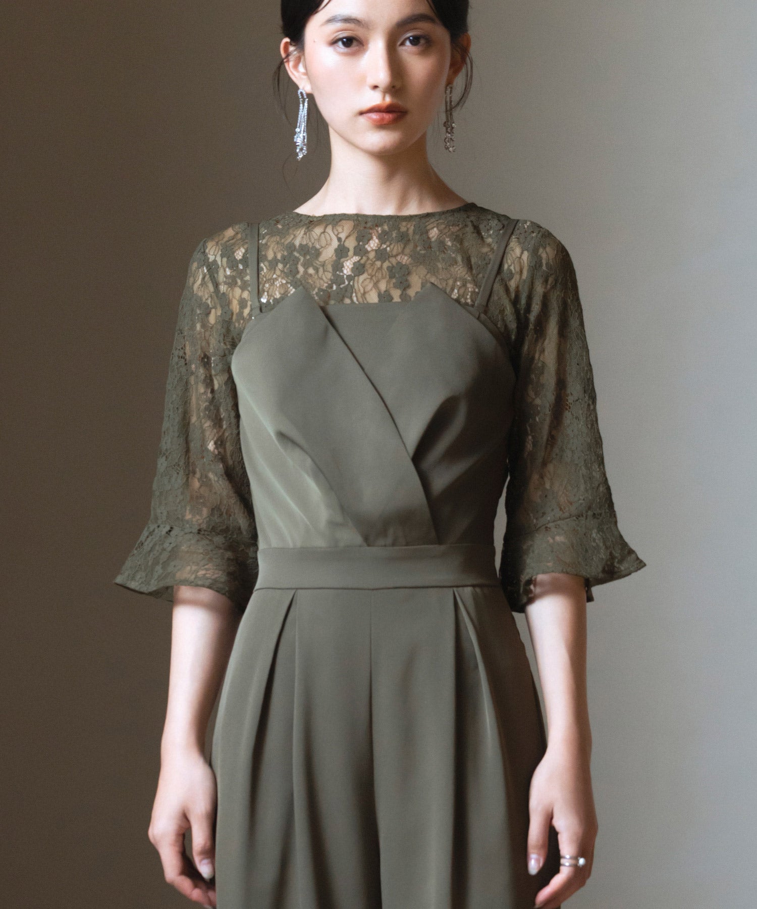 レースブラウス ジャンプスーツ セットアップ パンツドレス パーティードレス dsz0006 ダークカーキ