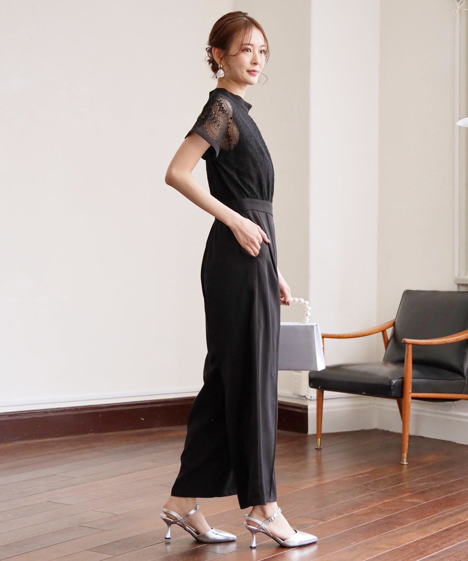 ジャンプスーツ パンツドレス ポケット付き 結婚式dsz0019 ブラック