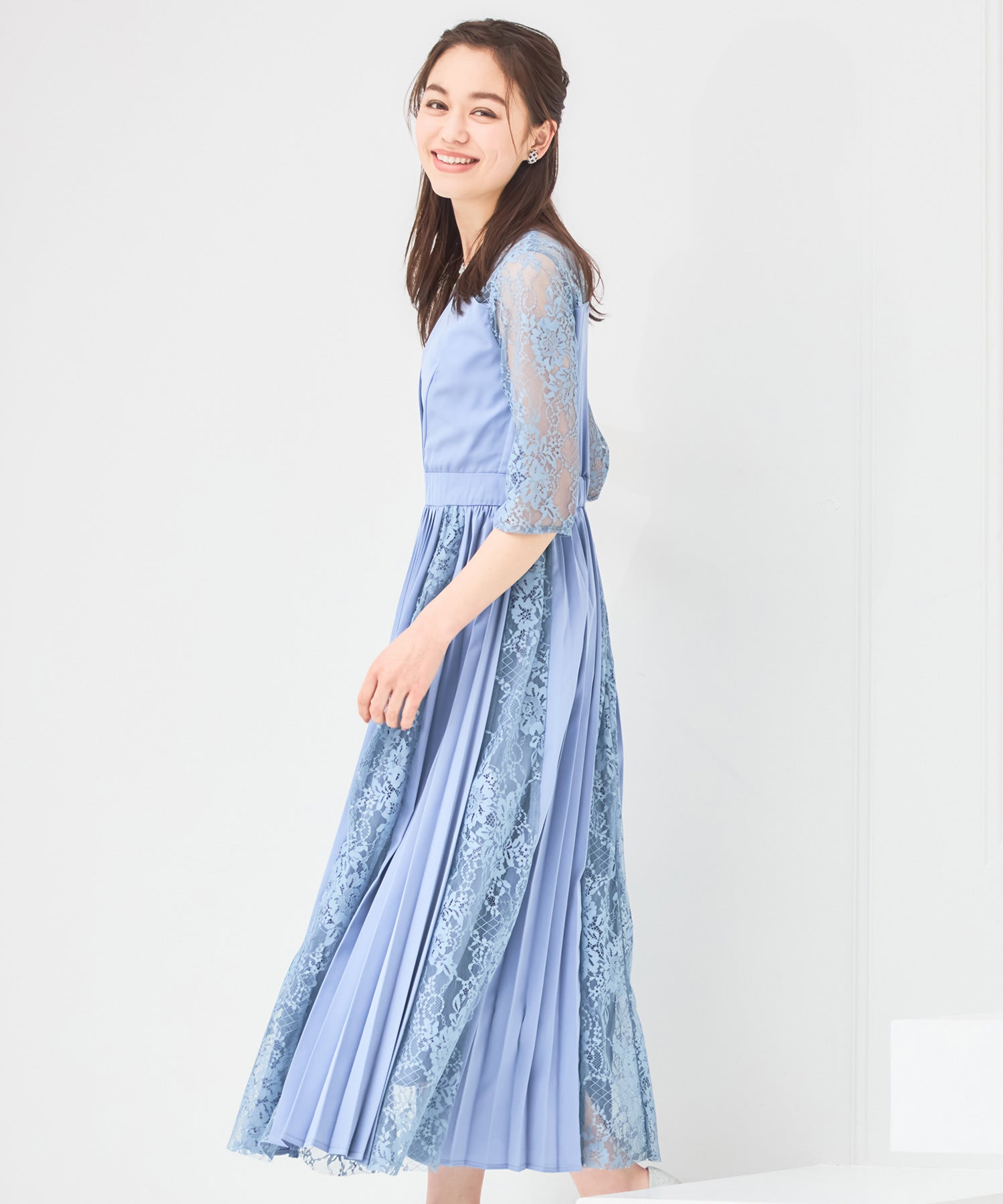 ワンピース ドレス レース袖 ミモレ丈 結婚式 披露宴 食事会dsz0043