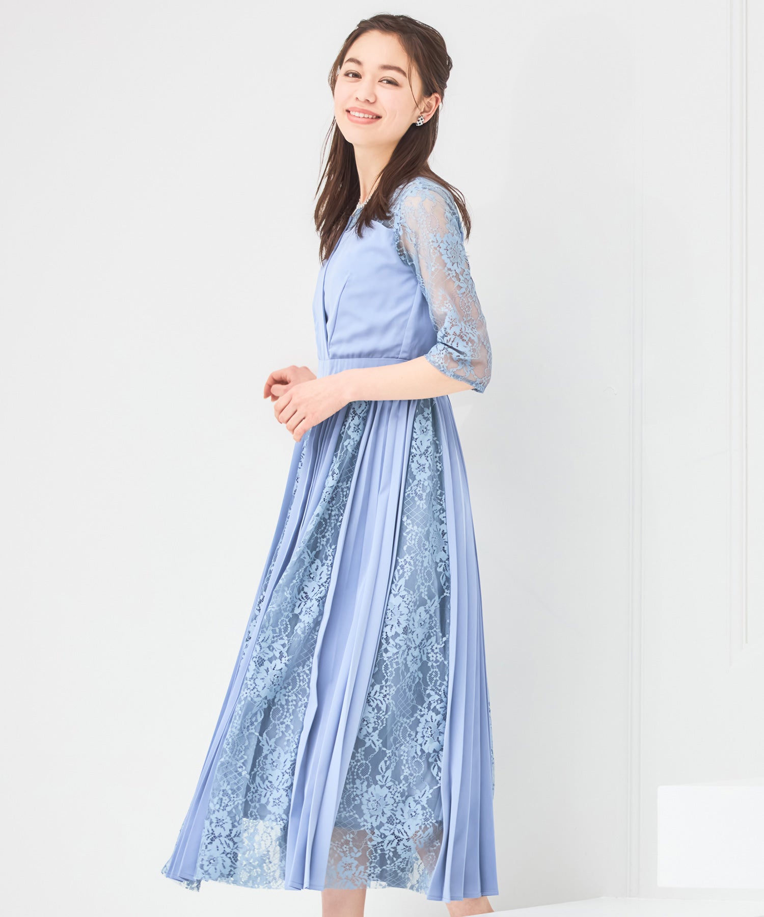 ワンピース ドレス レース袖 ミモレ丈 結婚式 披露宴 食事会dsz0043