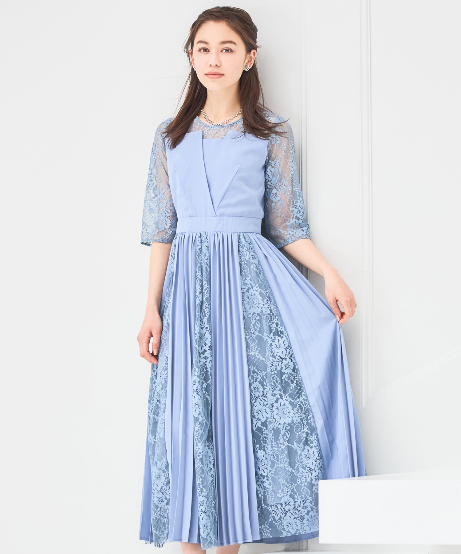 ワンピース ドレス レース袖 ミモレ丈 結婚式 披露宴 食事会dsz0043