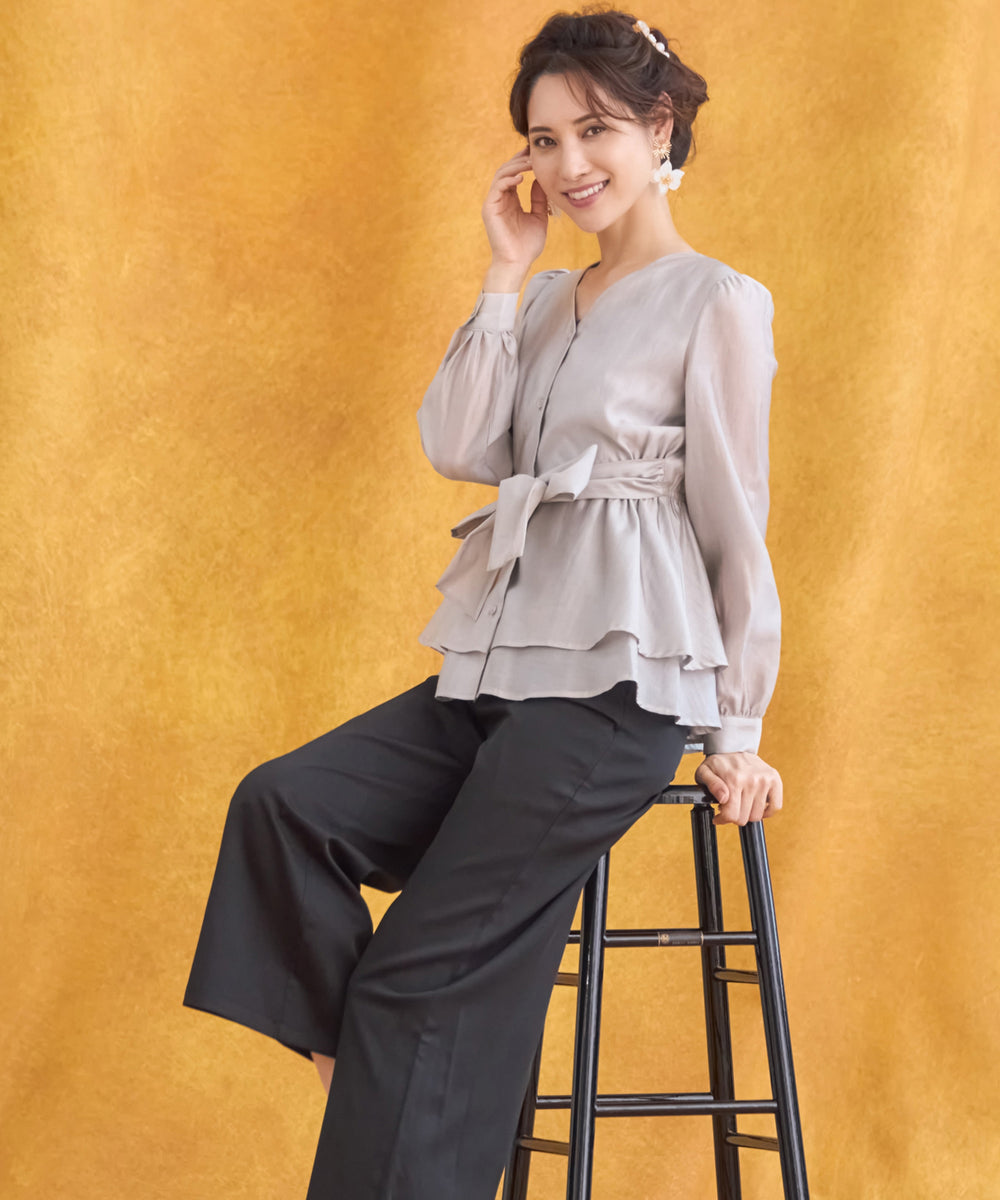 【リムアーク】ペプラム　Vネック　ブラウス　長袖　ストライプ　グレー　フリル リムアーク】ペプラム Vネック ブラウス 長袖 ストライプ グレー