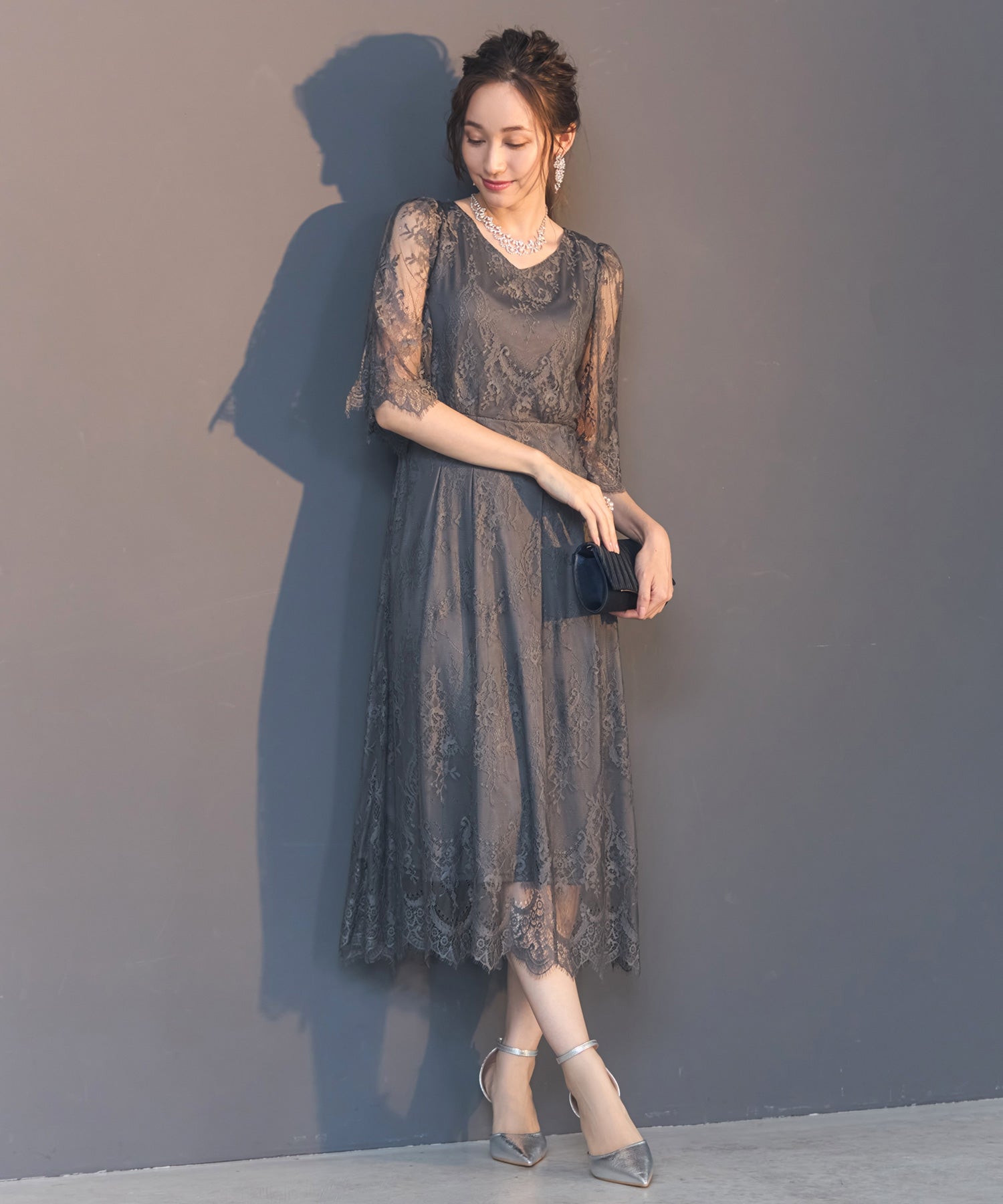 ワンピース ドレス 総レース Aライン ミモレ丈 結婚式 披露宴 パーティードレスdsz0078